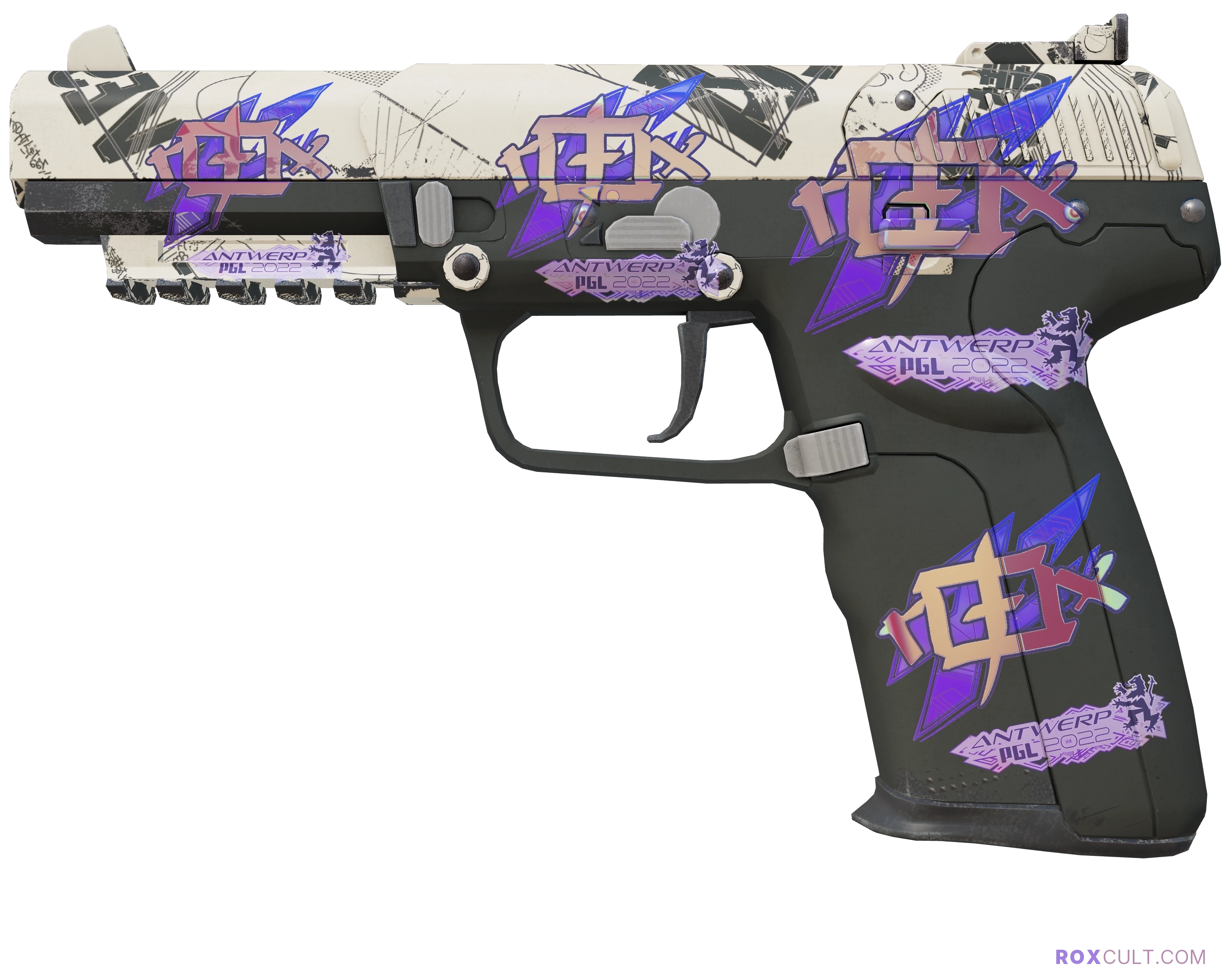 Five-SeveN | Kami (Minimal Wear) — rox (Holo) Antwerp 2022 craft, playside view with 4 rox (Holo) stickers