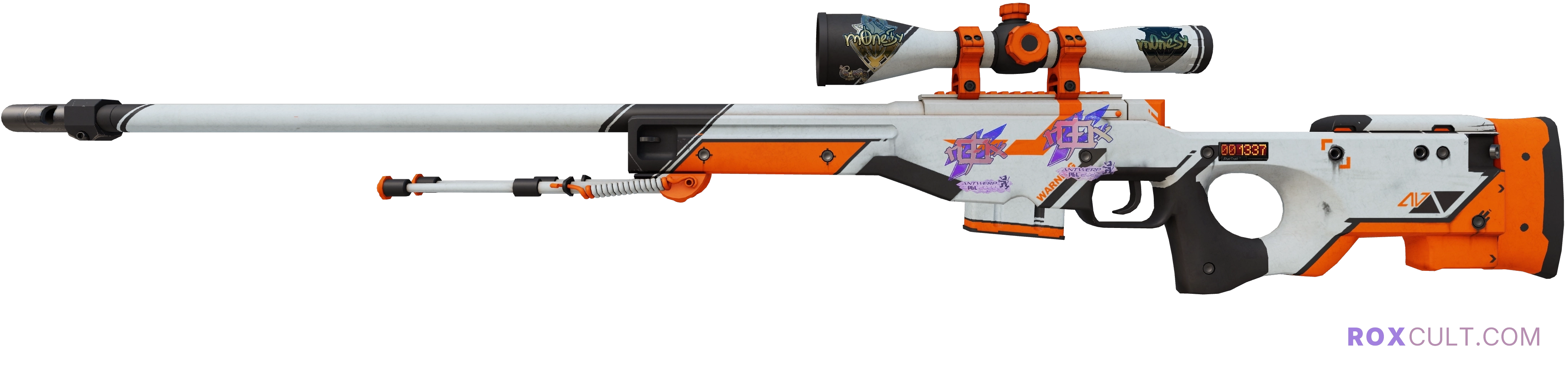 StatTrak™ AWP | Asiimov (Field-Tested) — rox (Holo) Antwerp 2022 craft, playside view with 2 rox (Holo) stickers