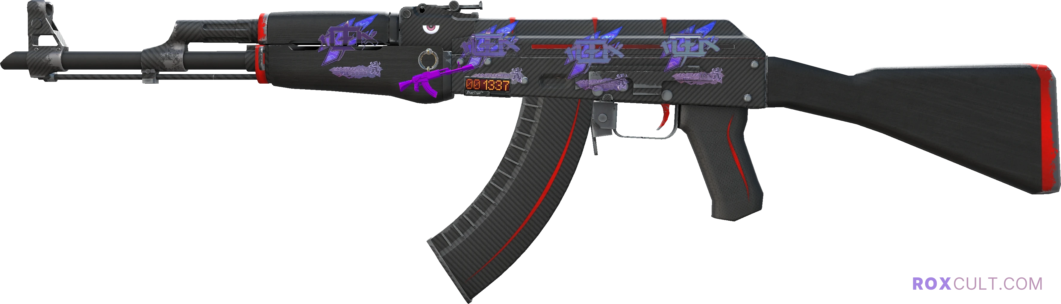 StatTrak™ AK-47 | Redline (Field-Tested) — rox (Holo) Antwerp 2022 craft, playside view with 4 rox (Holo) stickers