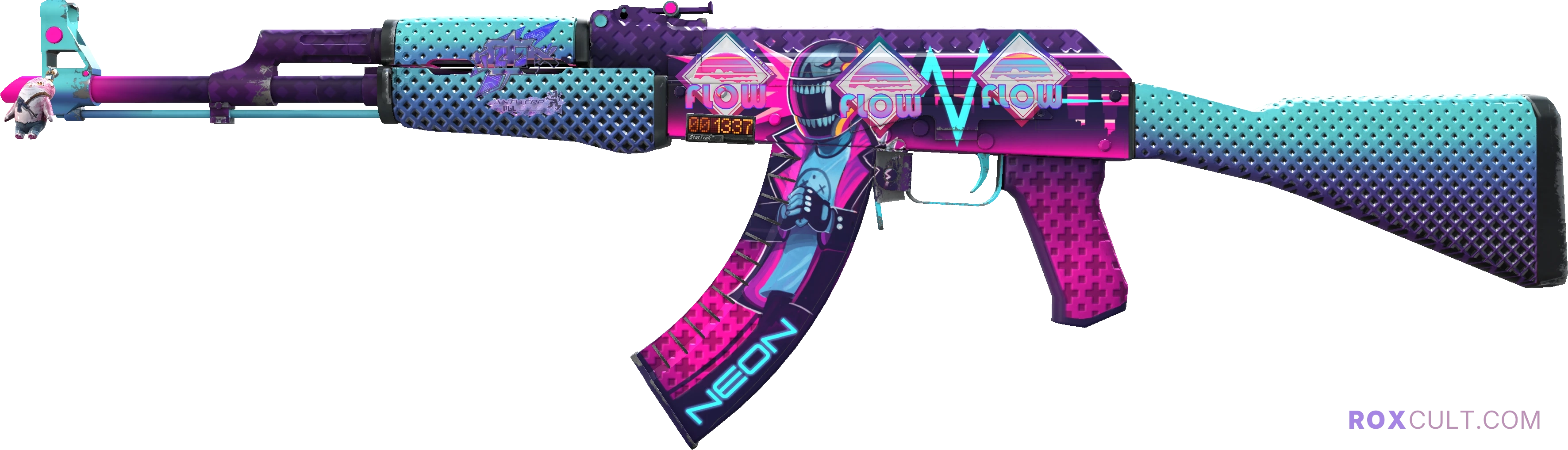 StatTrak™ AK-47 | Neon Rider (Minimal Wear) — rox (Holo) Antwerp 2022 craft, playside view with 1 rox (Holo) sticker
