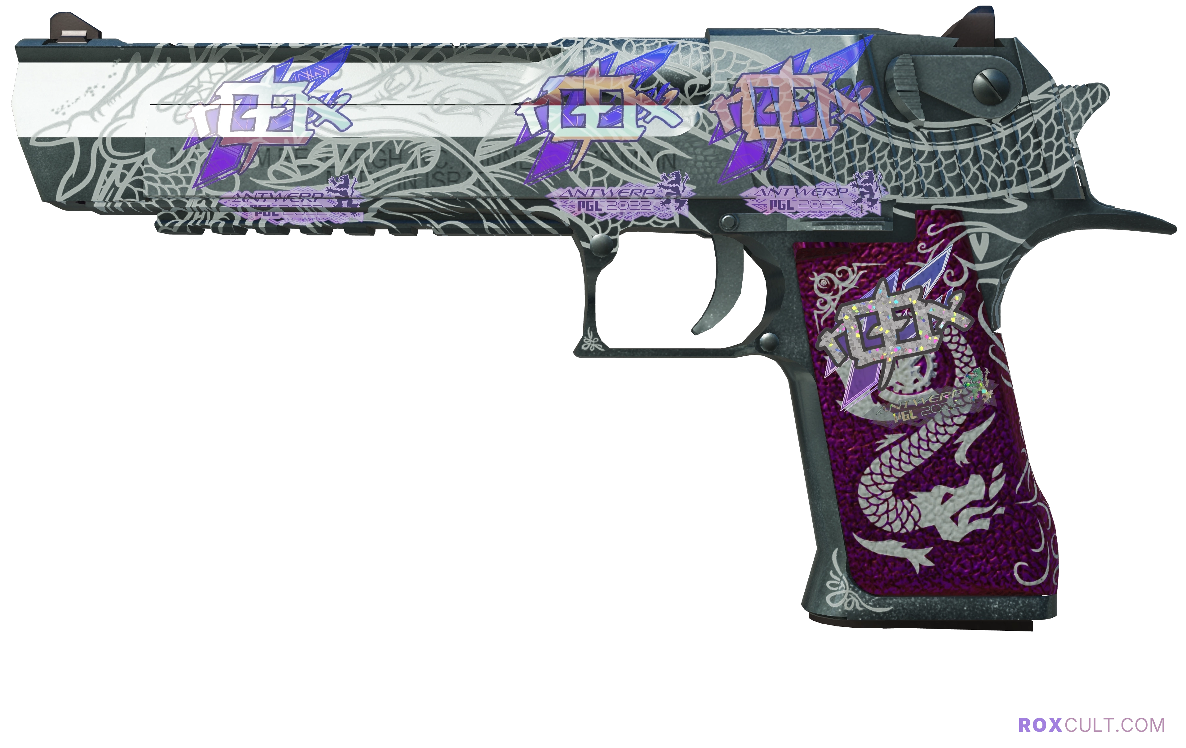 Desert Eagle | Kumicho Dragon (Factory New) — rox (Holo) Antwerp 2022 craft, playside view with 3 rox (Holo) stickers