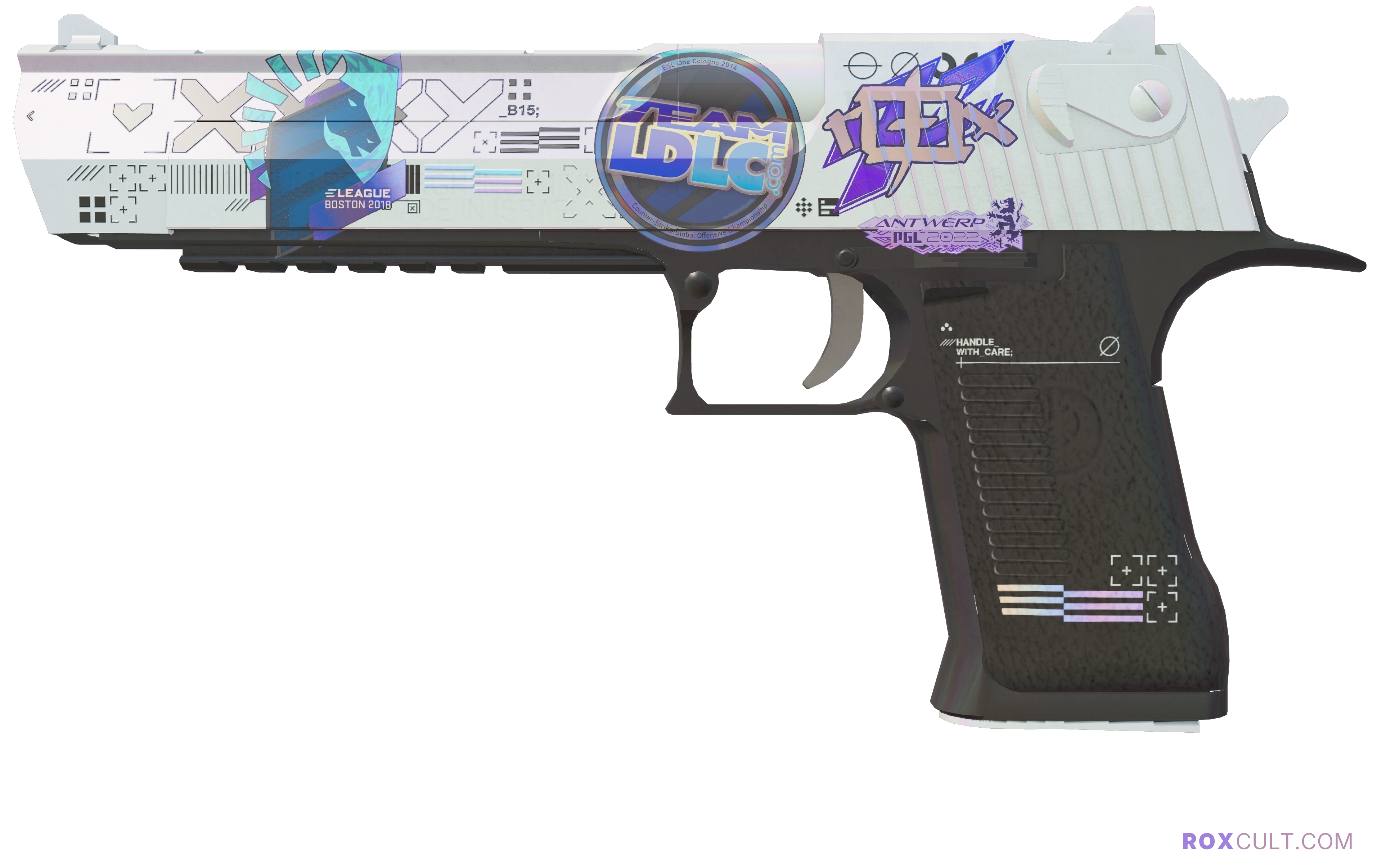 Desert Eagle | Printstream (Minimal Wear) — rox (Holo) Antwerp 2022 craft, playside view with 1 rox (Holo) sticker