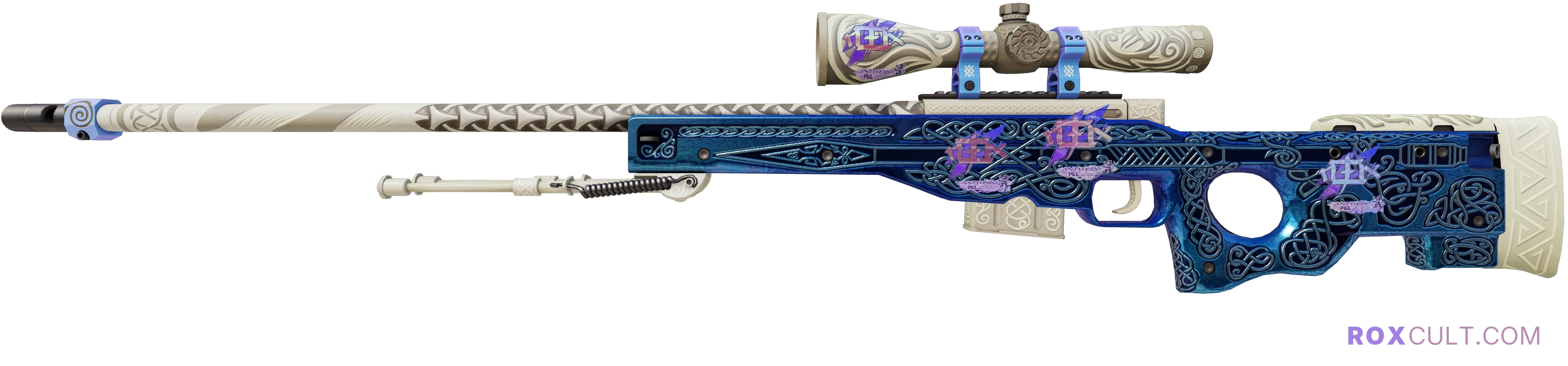 AWP | Gungnir (Factory New) — rox (Holo) Antwerp 2022 craft, playside view with 4 rox (Holo) stickers