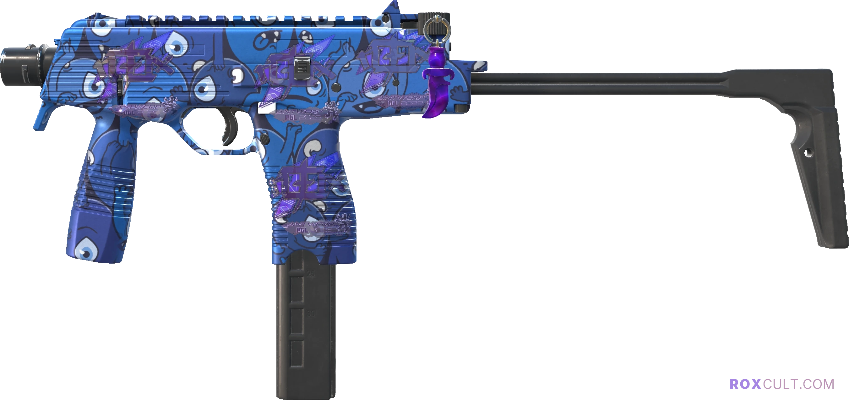 MP9 | Pandora's Box (Factory New) — rox (Holo) Antwerp 2022 craft, playside view with 4 rox (Holo) stickers