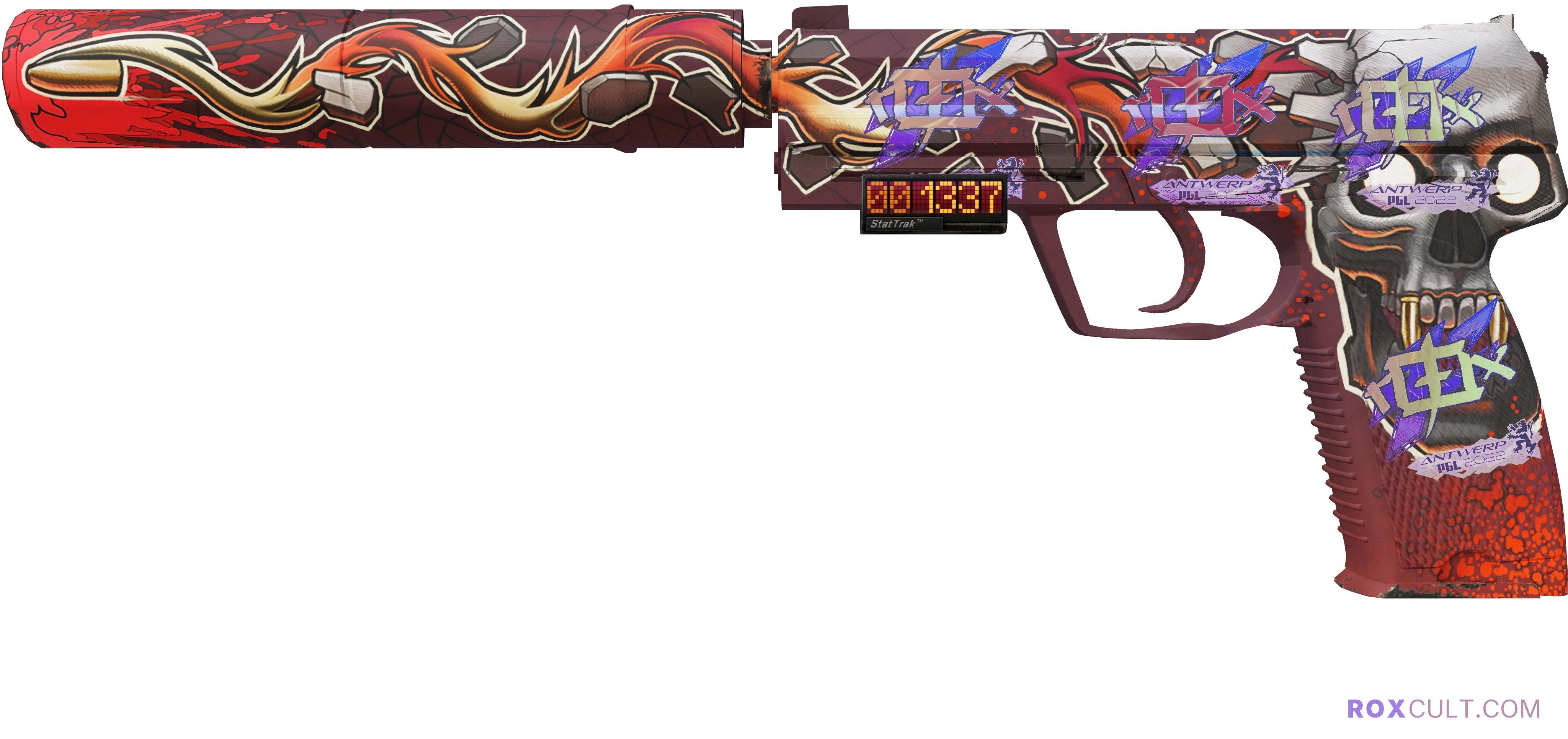 StatTrak™ USP-S | Kill Confirmed (Minimal Wear) — rox (Holo) Antwerp 2022 craft, playside view with 4 rox (Holo) stickers