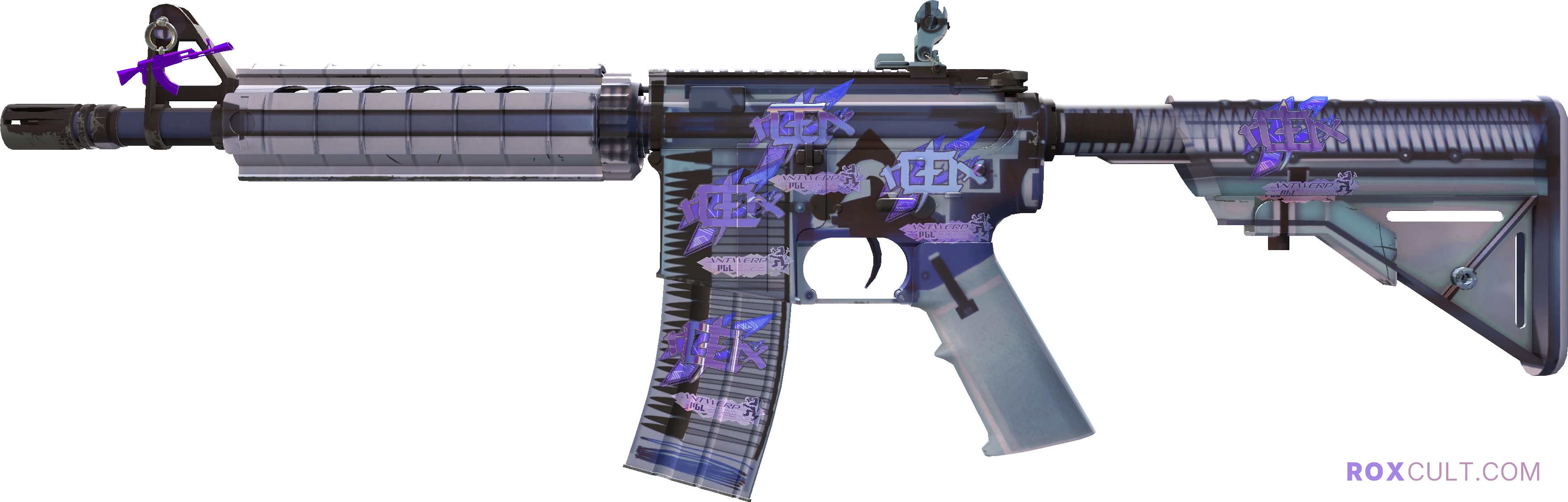 M4A4 | X-Ray (Factory New) — rox (Holo) Antwerp 2022 craft, playside view with 5 rox (Holo) stickers