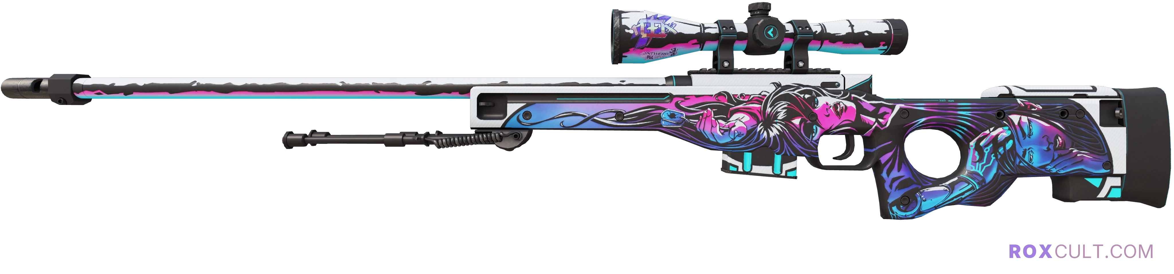 AWP | Neo-Noir (Factory New) — rox (Holo) Antwerp 2022 craft, playside view with 1 rox (Holo) sticker