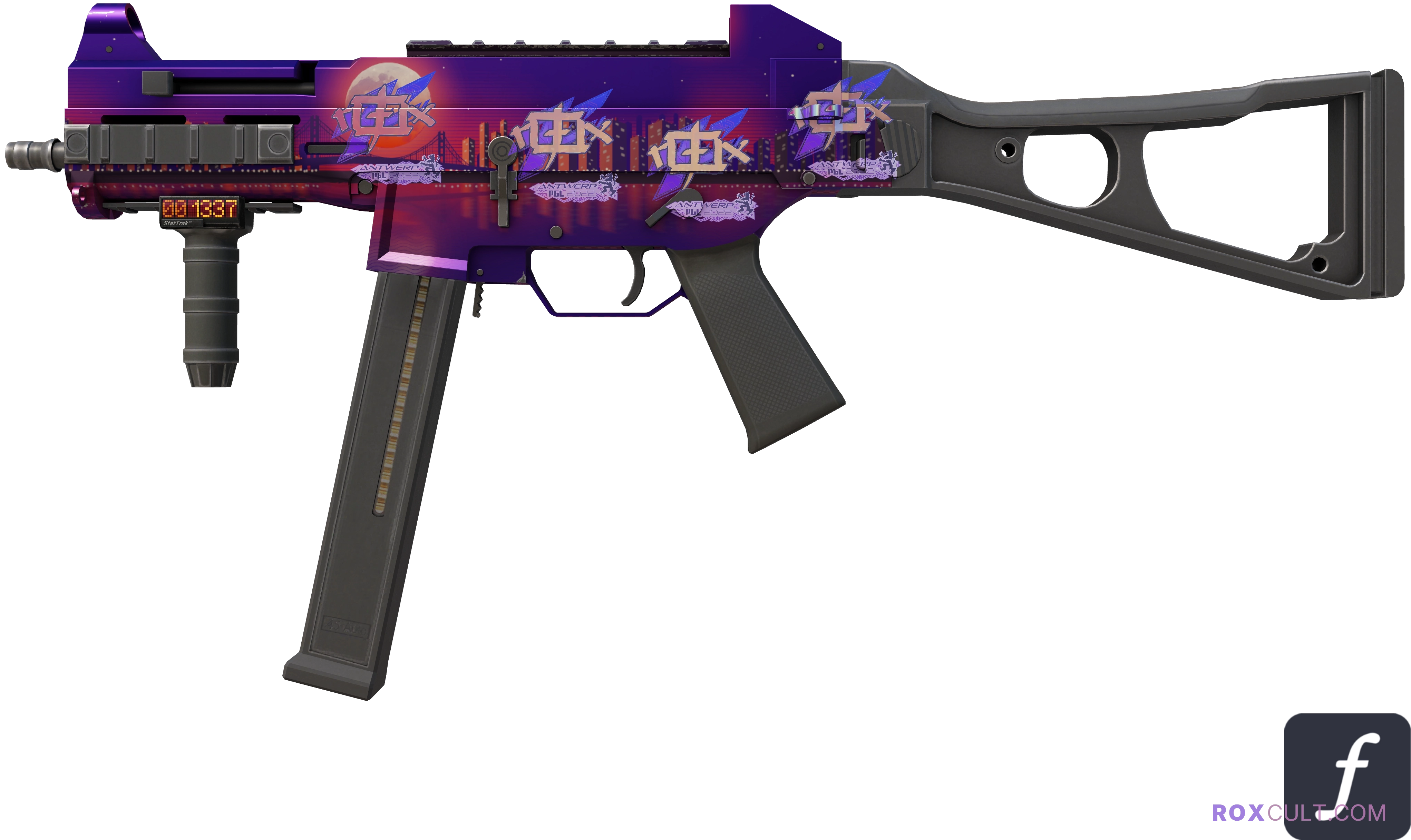StatTrak™ UMP-45 | Moonrise (Factory New) — rox (Holo) Antwerp 2022 craft, playside view with 4 rox (Holo) stickers