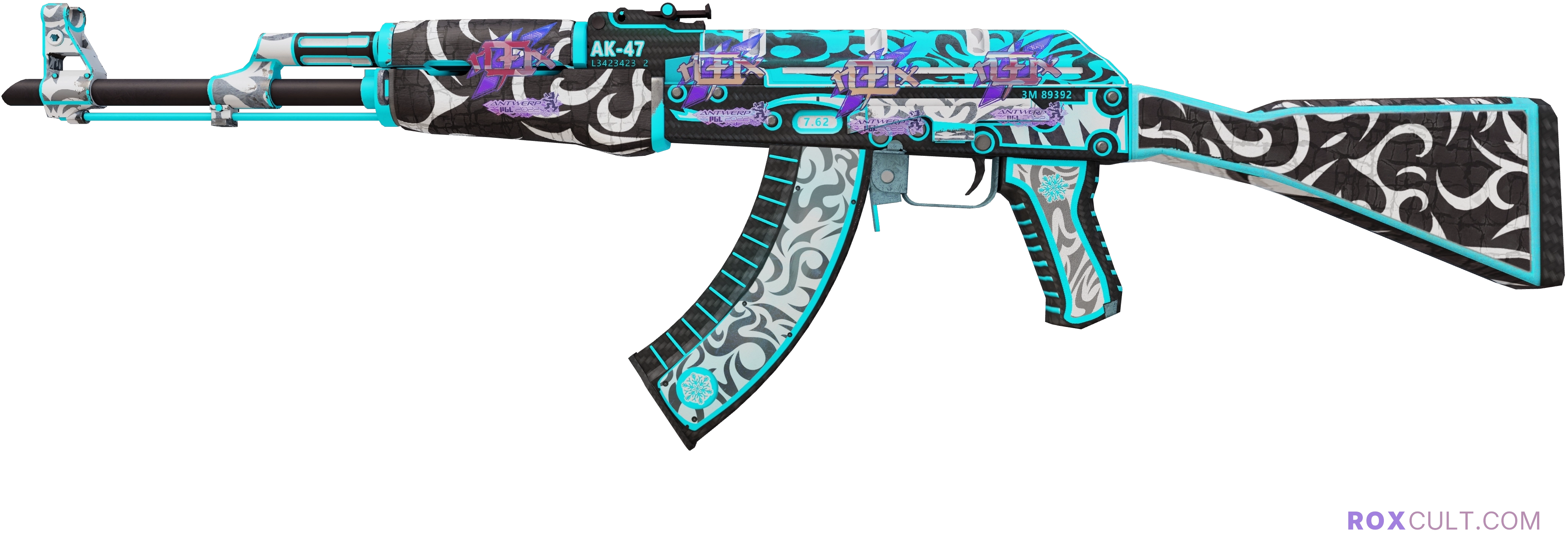 AK-47 | Frontside Misty (Minimal Wear) — rox (Holo) Antwerp 2022 craft, playside view with 4 rox (Holo) stickers