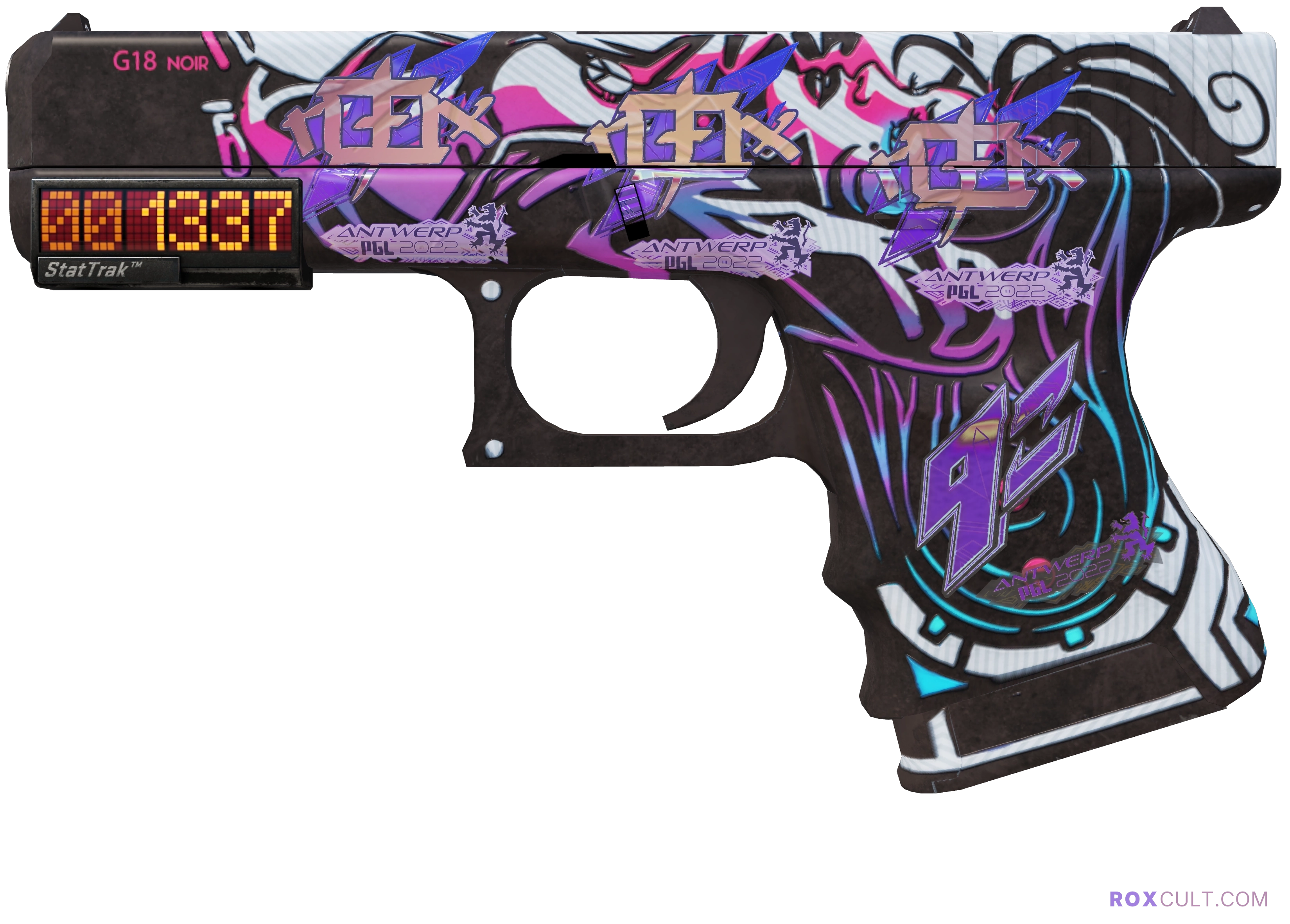 StatTrak™ Glock-18 | Neo-Noir (Factory New) — rox (Holo) Antwerp 2022 craft, playside view with 3 rox (Holo) stickers