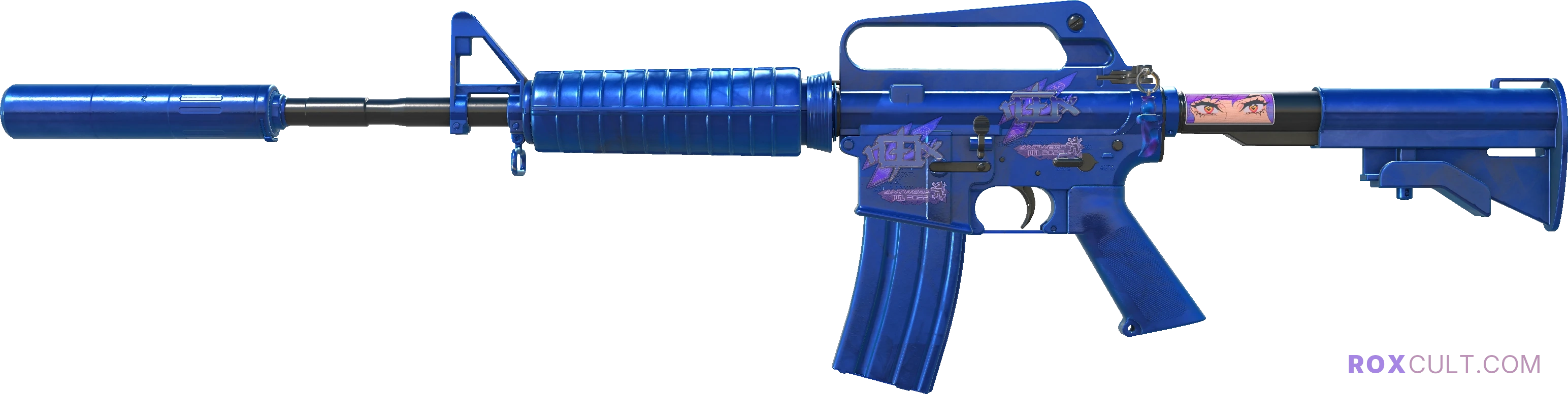 M4A1-S | Blue Phosphor (Factory New) — rox (Holo) Antwerp 2022 craft, playside view with 2 rox (Holo) stickers