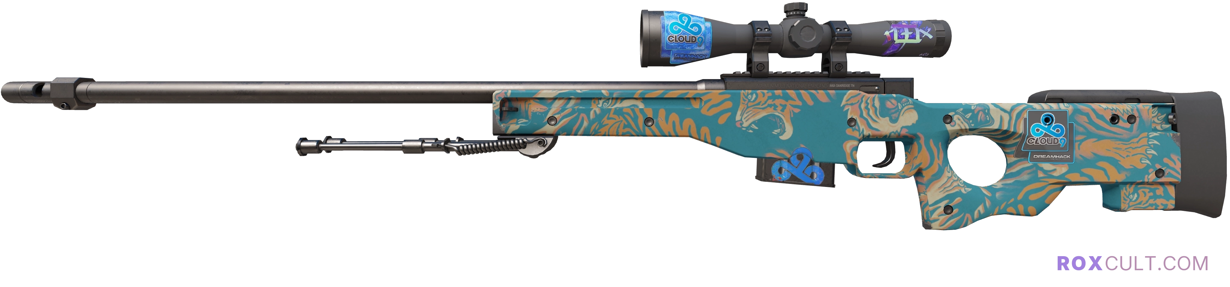 AWP | Silk Tiger (Minimal Wear) — rox (Holo) Antwerp 2022 craft, playside view with 1 rox (Holo) sticker