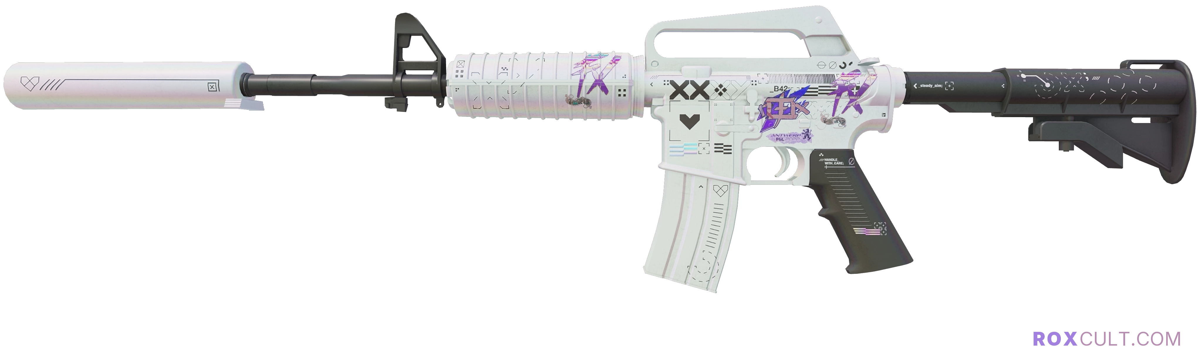 M4A1-S | Printstream (Factory New) — rox (Holo) Antwerp 2022 craft, playside view with 1 rox (Holo) sticker
