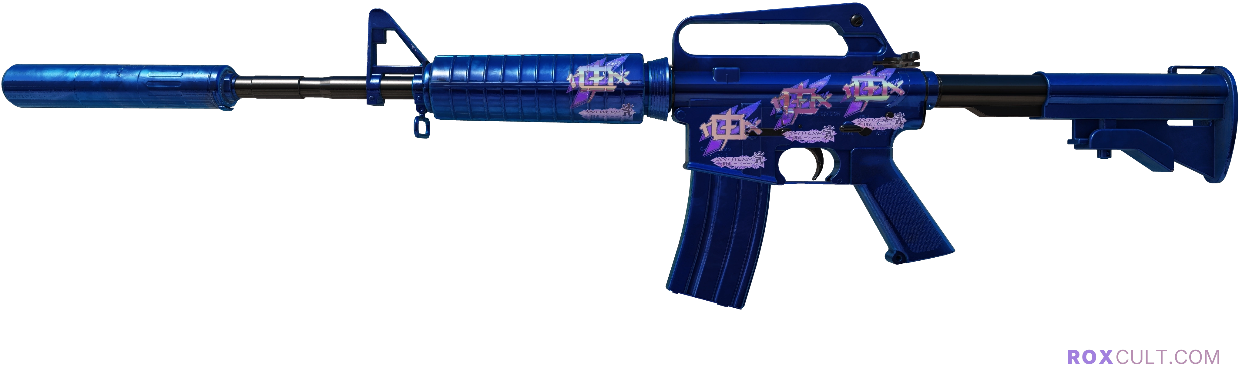 M4A1-S | Blue Phosphor (Factory New) — rox (Holo) Antwerp 2022 craft, playside view with 4 rox (Holo) stickers