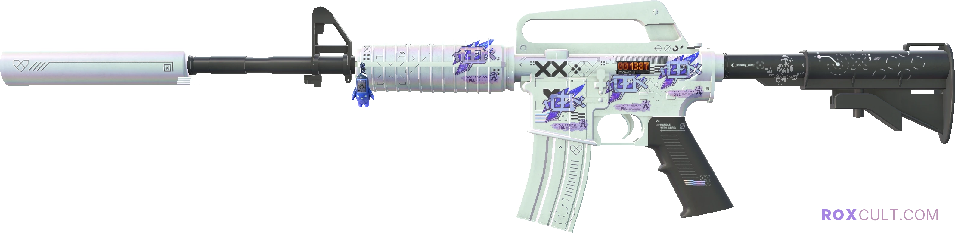 StatTrak™ M4A1-S | Printstream (Factory New) — rox (Holo) Antwerp 2022 craft, playside view with 4 rox (Holo) stickers