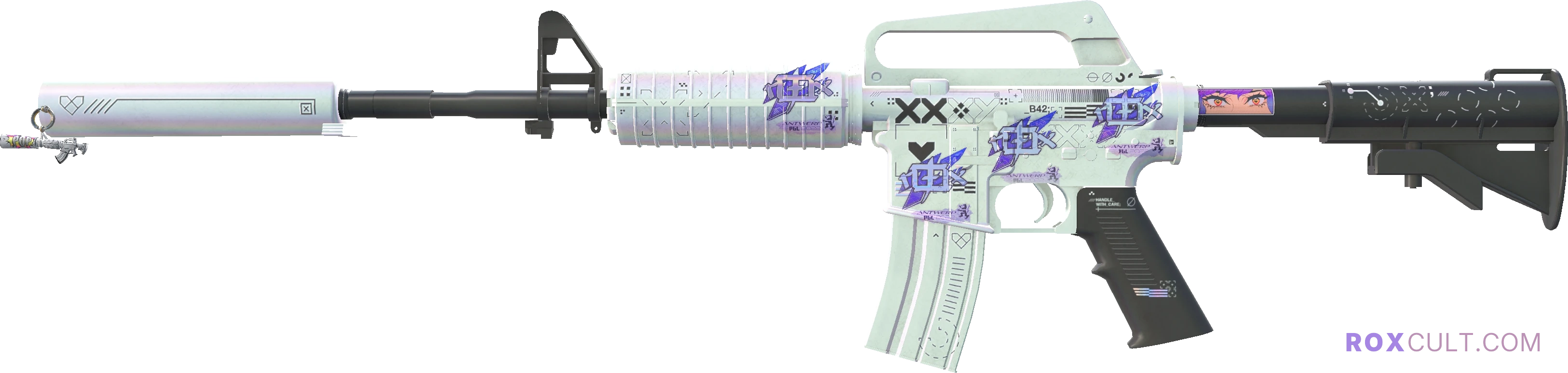 M4A1-S | Printstream (Factory New) — rox (Holo) Antwerp 2022 craft, playside view with 4 rox (Holo) stickers
