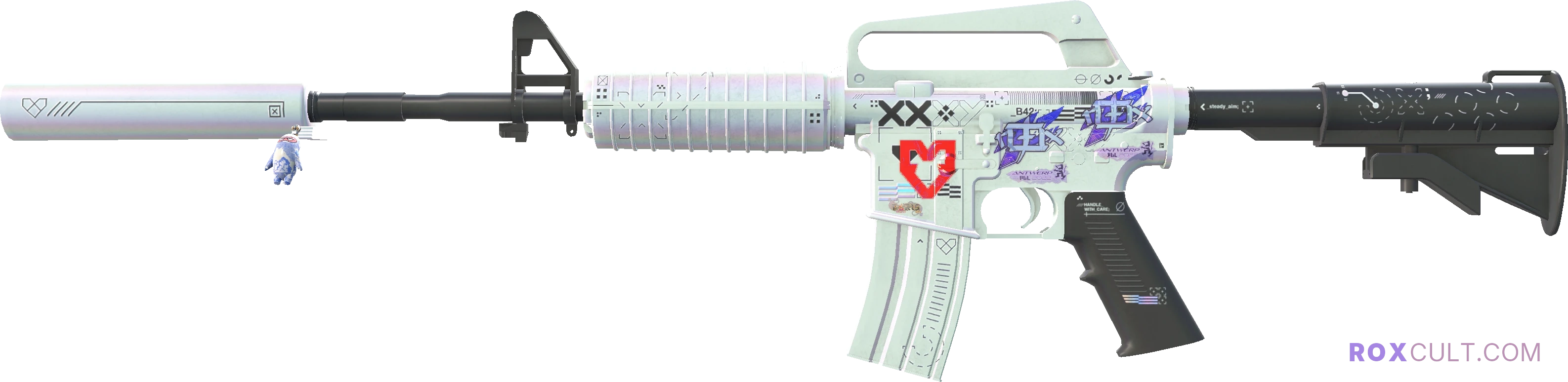 M4A1-S | Printstream (Factory New) — rox (Holo) Antwerp 2022 craft, playside view with 2 rox (Holo) stickers