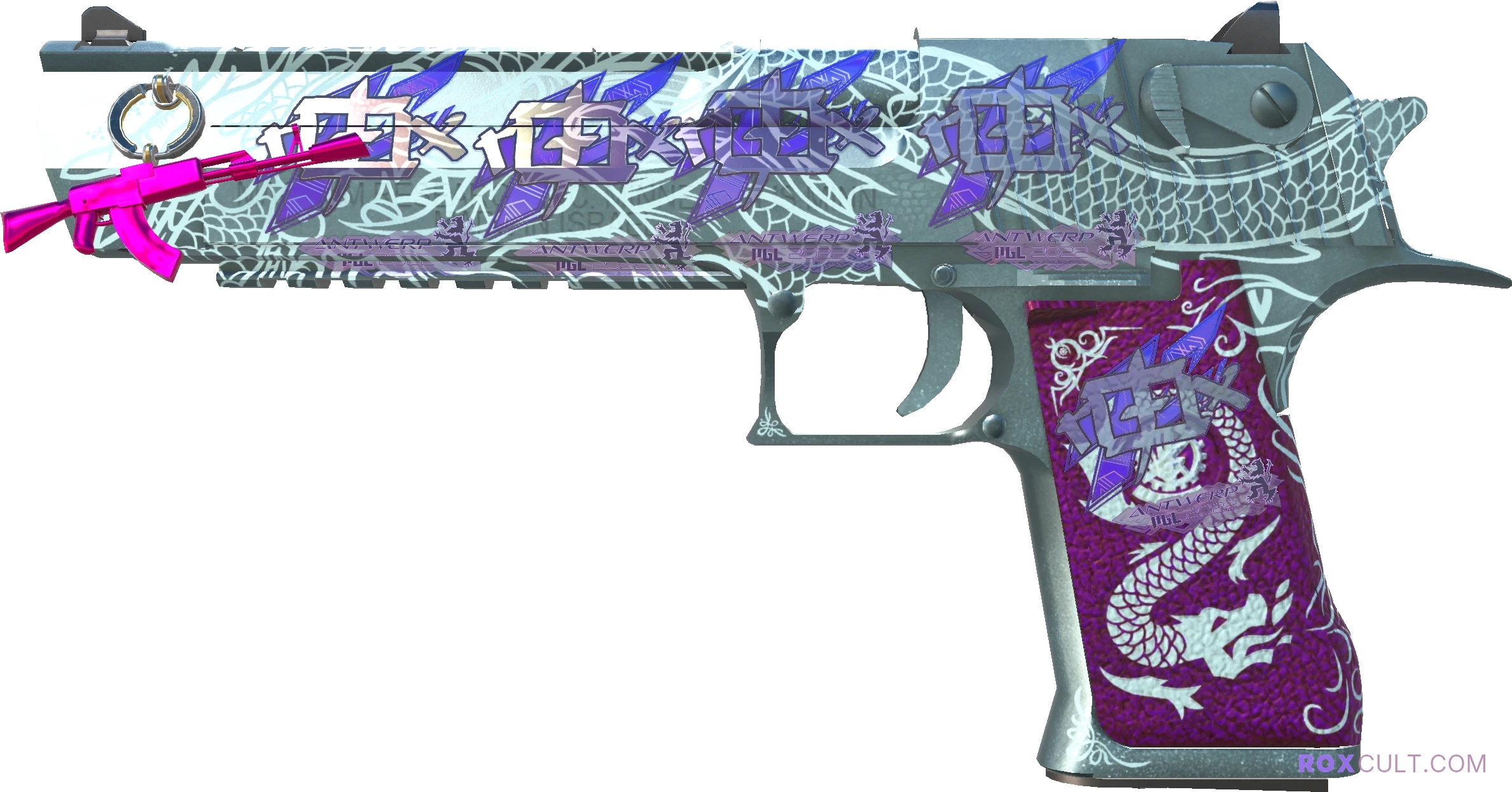 Desert Eagle | Kumicho Dragon (Factory New) — rox (Holo) Antwerp 2022 craft, playside view with 5 rox (Holo) stickers