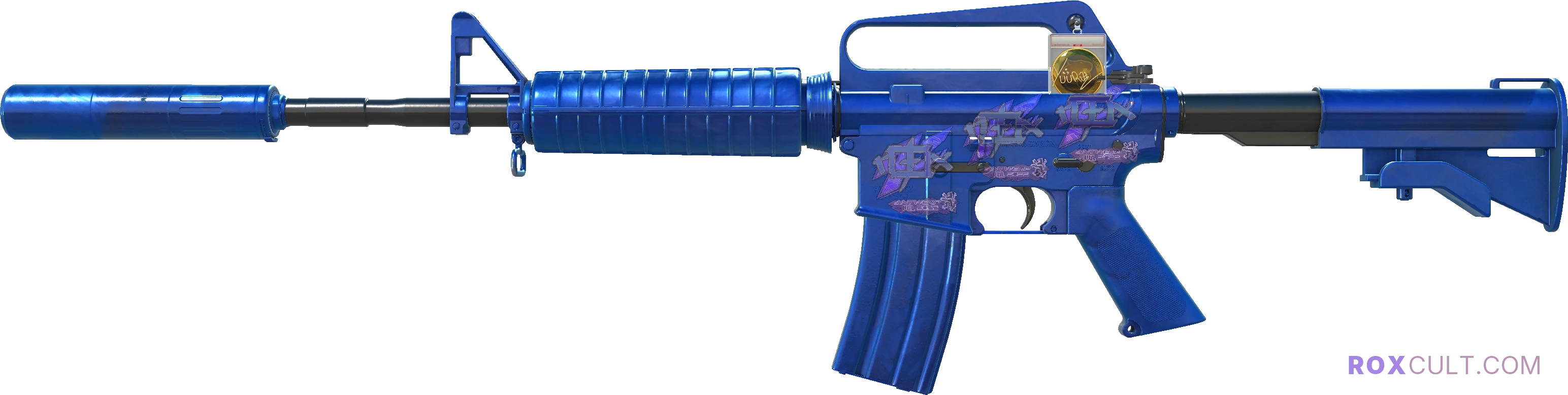 M4A1-S | Blue Phosphor (Factory New) — rox (Holo) Antwerp 2022 craft, playside view with 3 rox (Holo) stickers