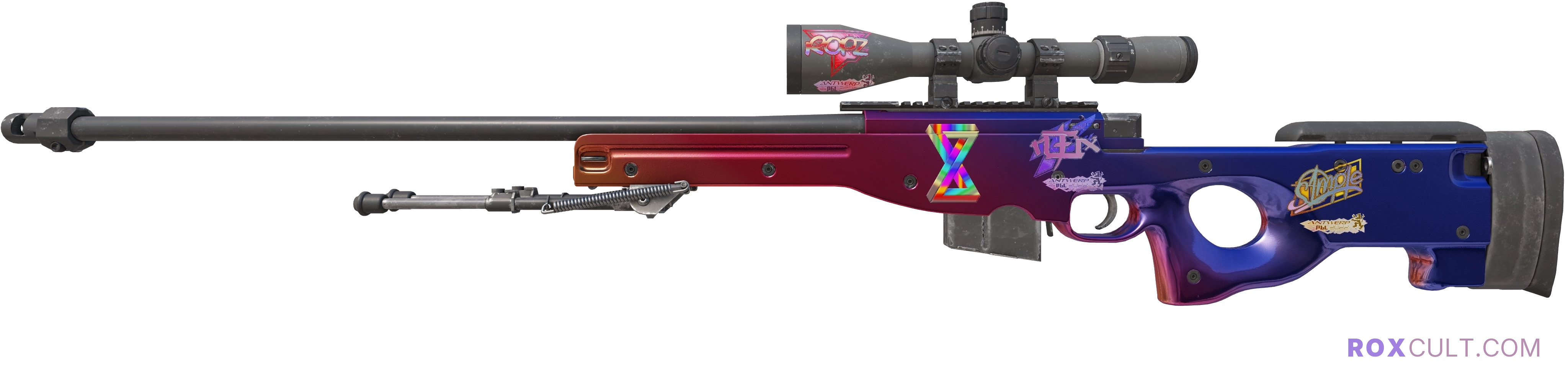 AWP | Fade (Factory New) — rox (Holo) Antwerp 2022 craft, playside view with 1 rox (Holo) sticker
