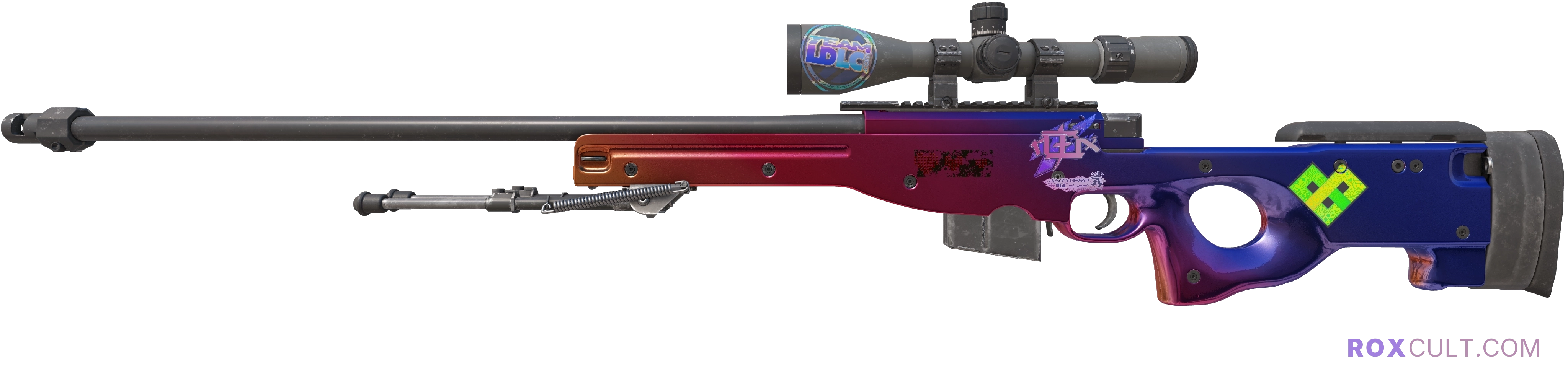 AWP | Fade (Factory New) — rox (Holo) Antwerp 2022 craft, playside view with 1 rox (Holo) sticker