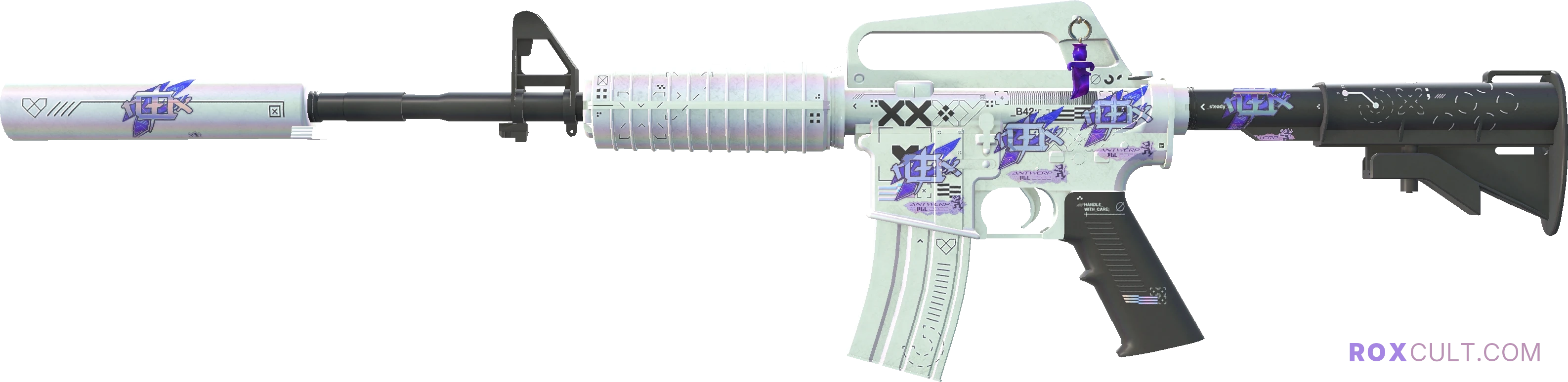 M4A1-S | Printstream (Factory New) — rox (Holo) Antwerp 2022 craft, playside view with 5 rox (Holo) stickers