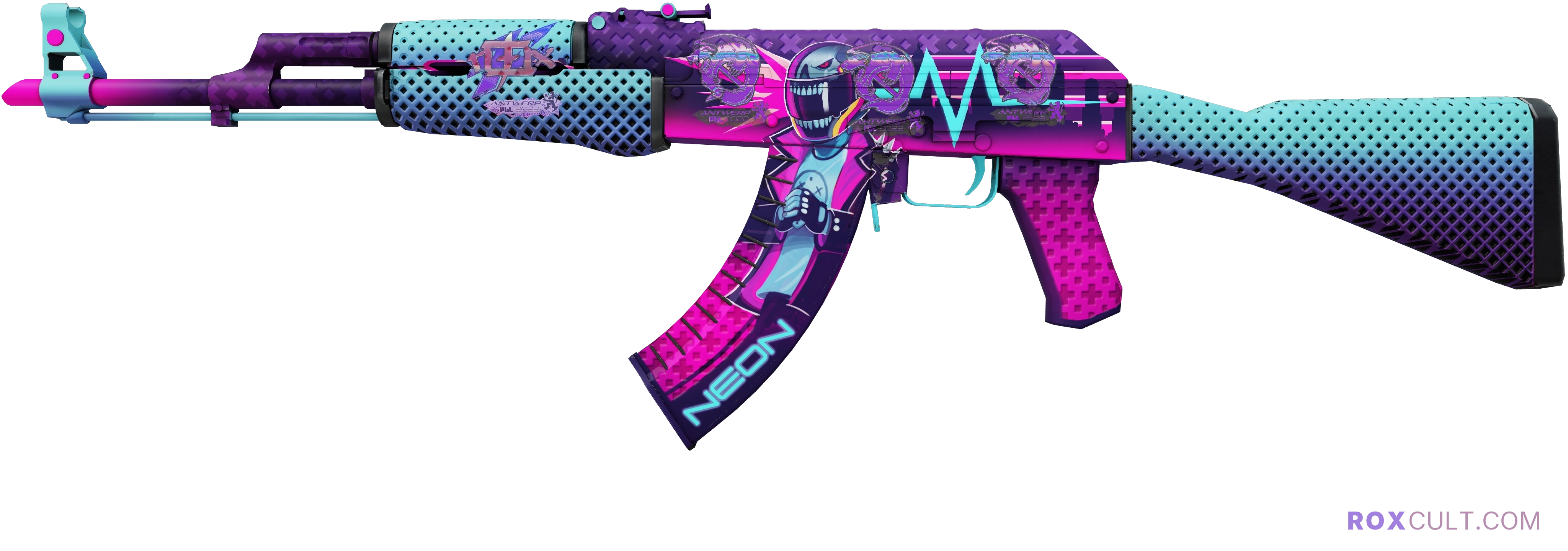AK-47 | Neon Rider (Factory New) — rox (Holo) Antwerp 2022 craft, playside view with 1 rox (Holo) sticker