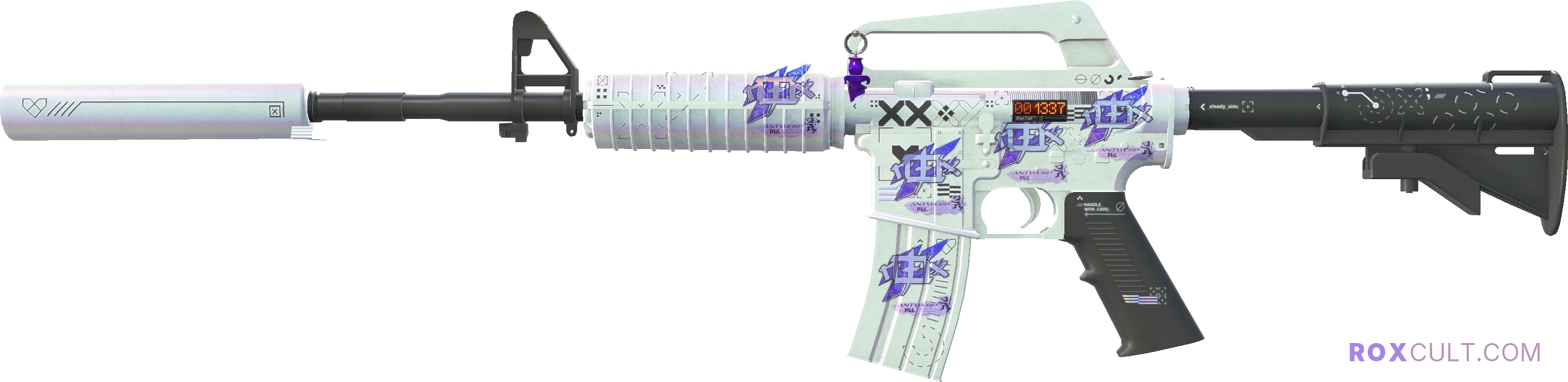 StatTrak™ M4A1-S | Printstream (Factory New) — rox (Holo) Antwerp 2022 craft, playside view with 5 rox (Holo) stickers
