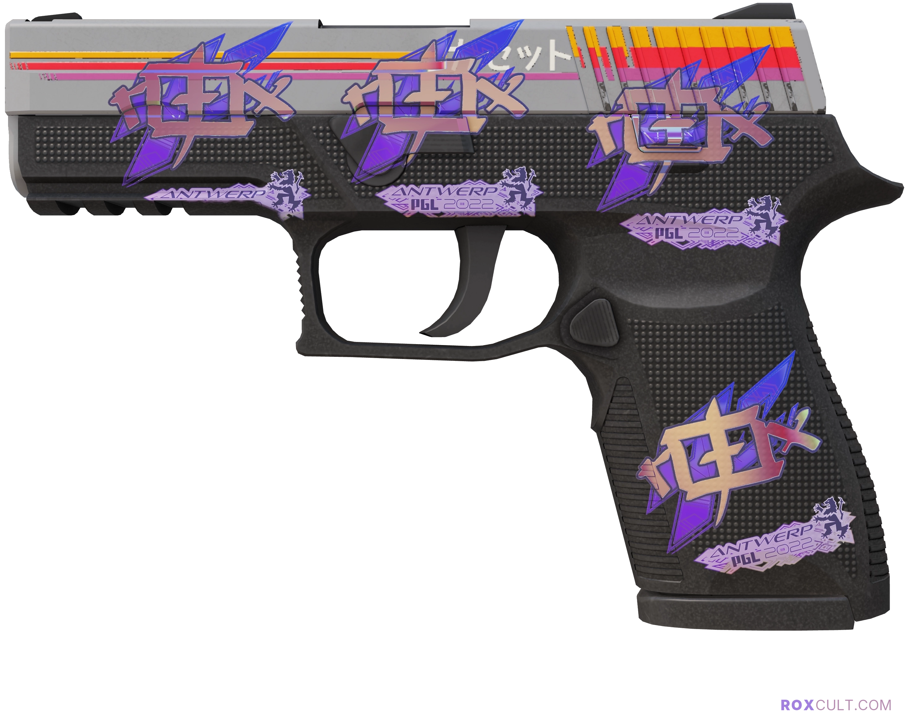 P250 | Cassette (Factory New) — rox (Holo) Antwerp 2022 craft, playside view with 4 rox (Holo) stickers