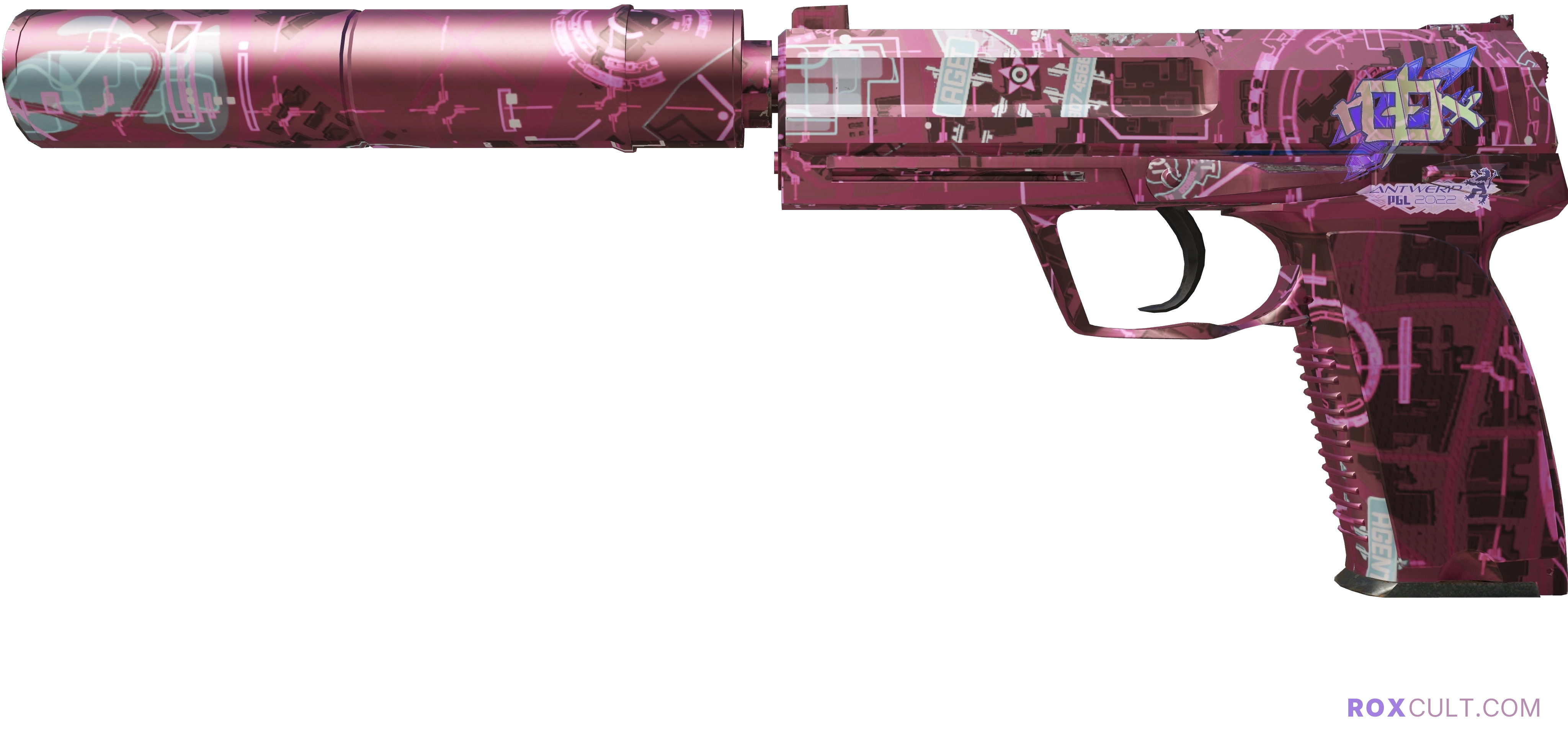 USP-S | Target Acquired (Factory New) — rox (Holo) Antwerp 2022 craft, playside view with 1 rox (Holo) sticker