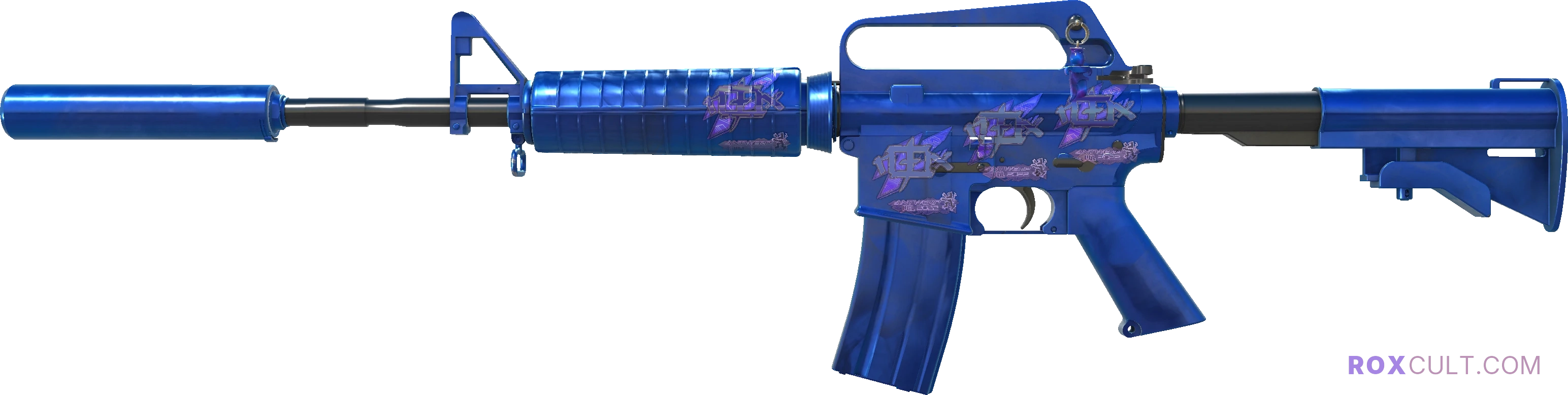M4A1-S | Blue Phosphor (Factory New) — rox (Holo) Antwerp 2022 craft, playside view with 4 rox (Holo) stickers