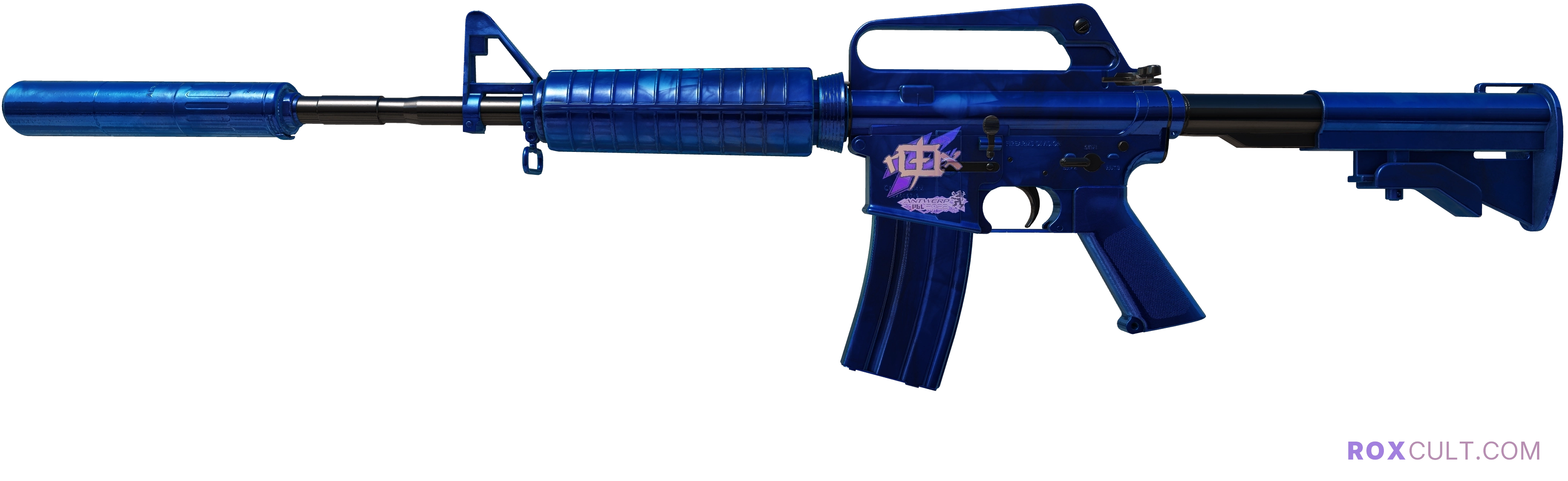 M4A1-S | Blue Phosphor (Factory New) — rox (Holo) Antwerp 2022 craft, playside view with 1 rox (Holo) sticker