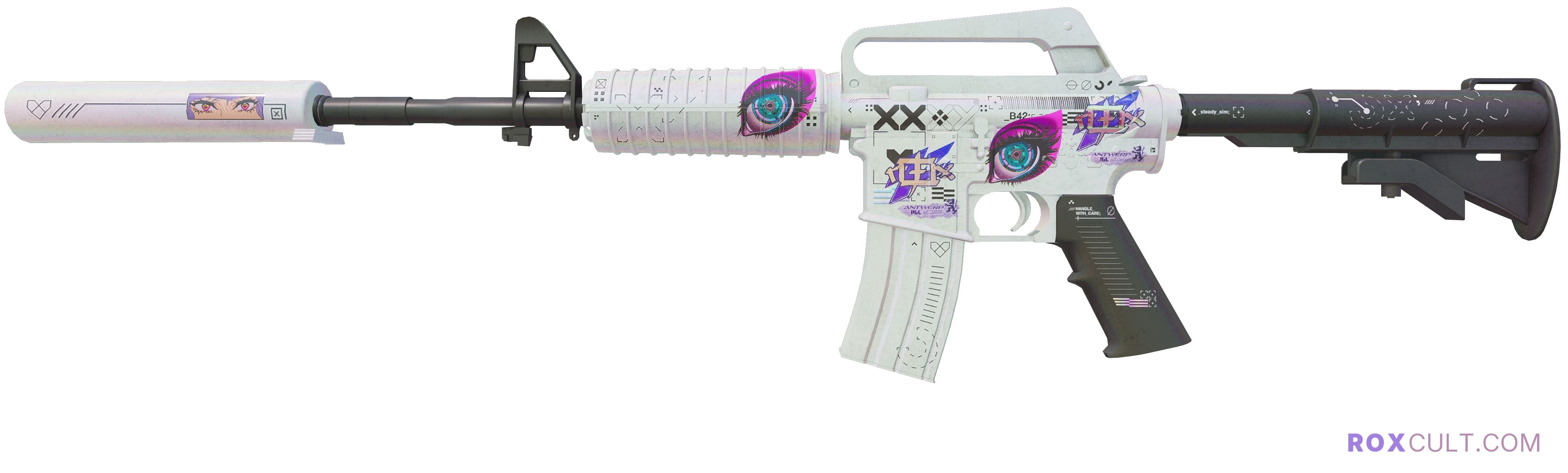 M4A1-S | Printstream (Field-Tested) — rox (Holo) Antwerp 2022 craft, playside view with 2 rox (Holo) stickers