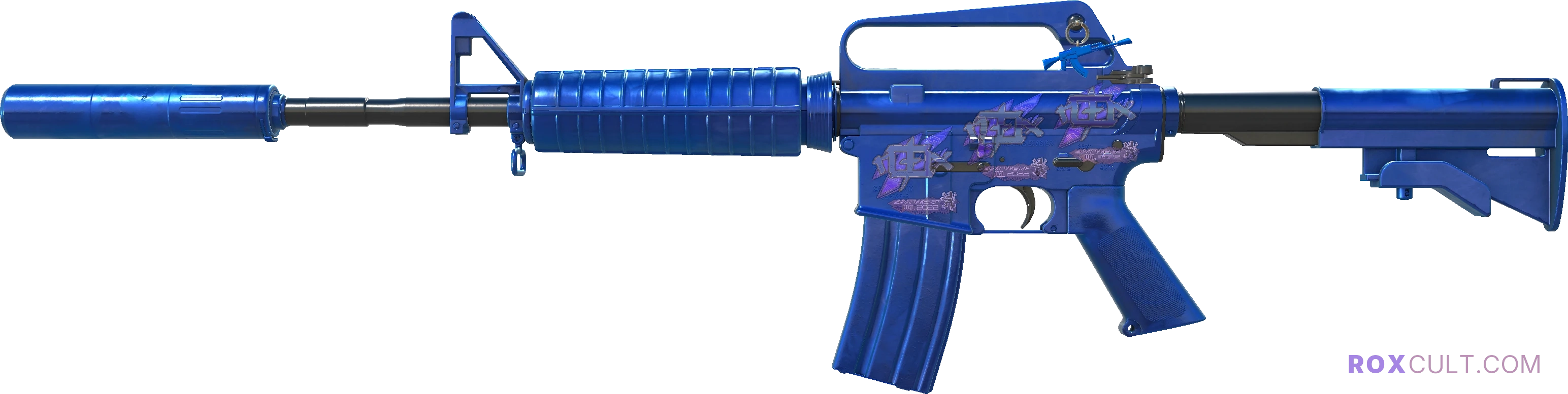 M4A1-S | Blue Phosphor (Factory New) — rox (Holo) Antwerp 2022 craft, playside view with 3 rox (Holo) stickers