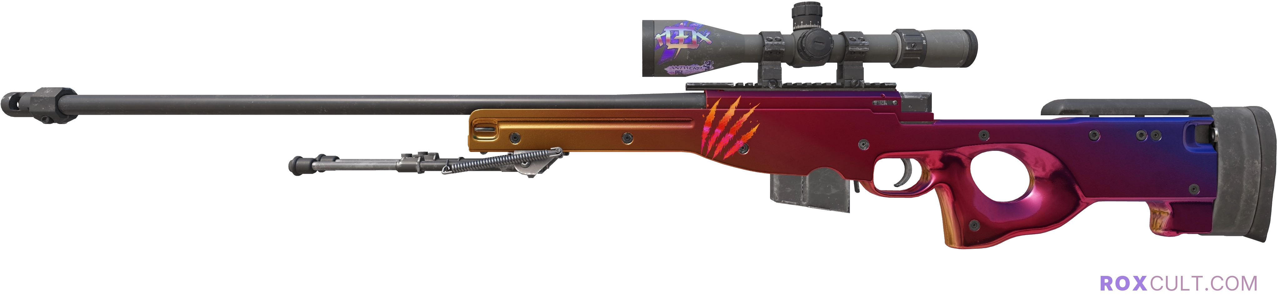 AWP | Fade (Factory New) — rox (Holo) Antwerp 2022 craft, playside view with 1 rox (Holo) sticker