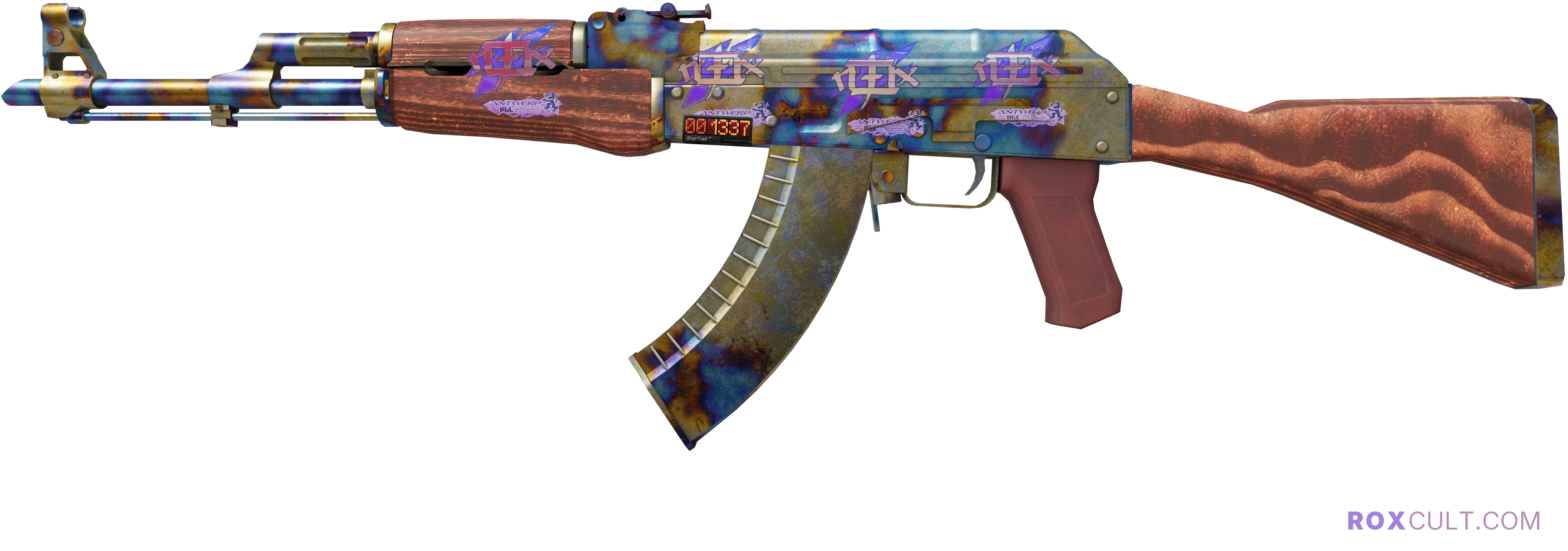 StatTrak™ AK-47 | Case Hardened (Well-Worn) — rox (Holo) Antwerp 2022 craft, playside view with 4 rox (Holo) stickers