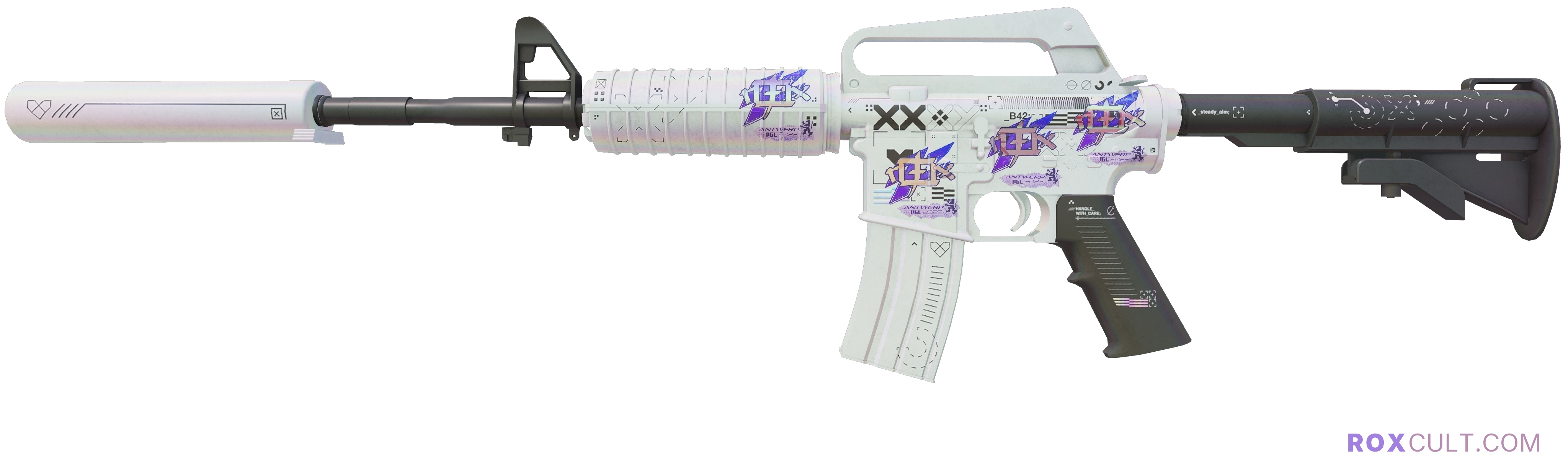 M4A1-S | Printstream (Minimal Wear) — rox (Holo) Antwerp 2022 craft, playside view with 4 rox (Holo) stickers