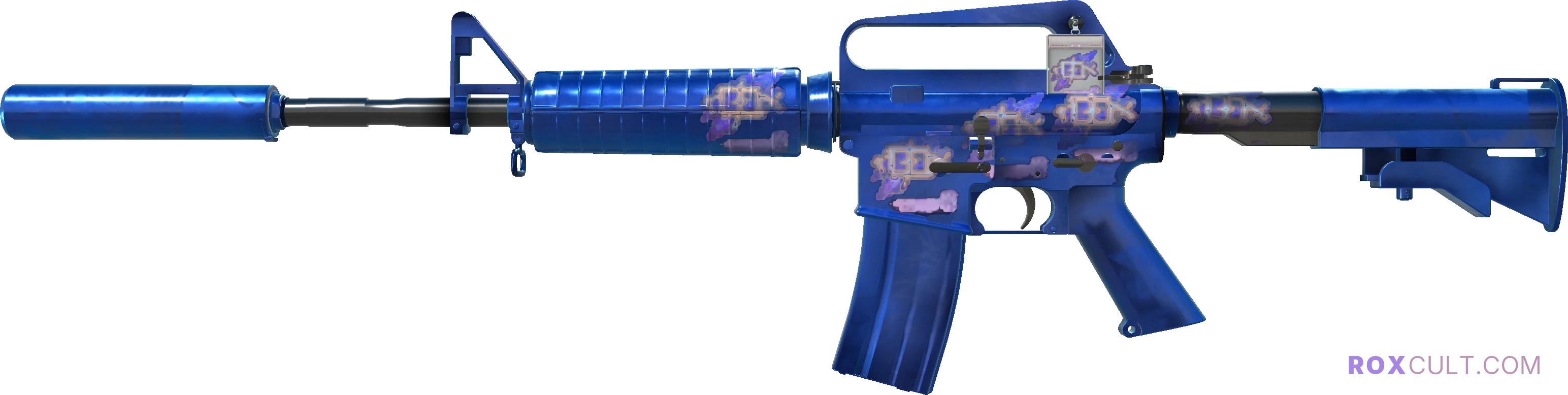 M4A1-S | Blue Phosphor (Factory New) — rox (Holo) Antwerp 2022 craft, playside view with 5 rox (Holo) stickers