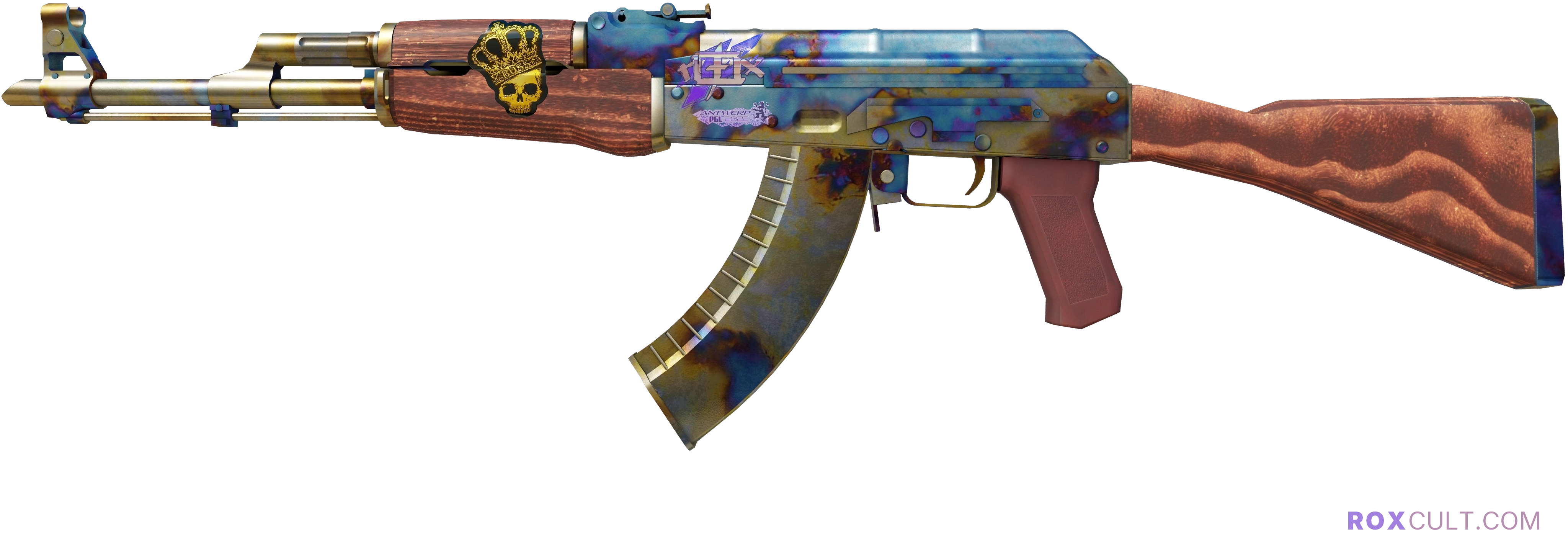 AK-47 | Case Hardened (Field-Tested) — rox (Holo) Antwerp 2022 craft, playside view with 1 rox (Holo) sticker