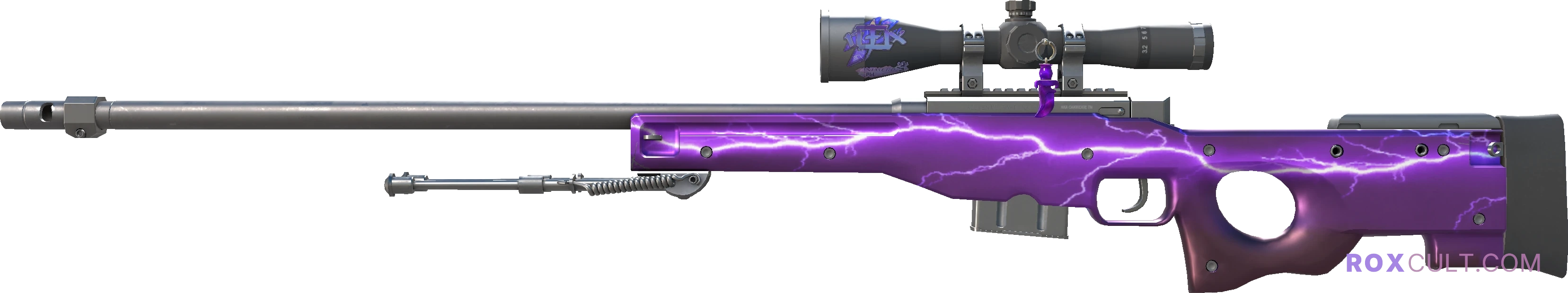 AWP | Lightning Strike (Factory New) — rox (Holo) Antwerp 2022 craft, playside view with 1 rox (Holo) sticker
