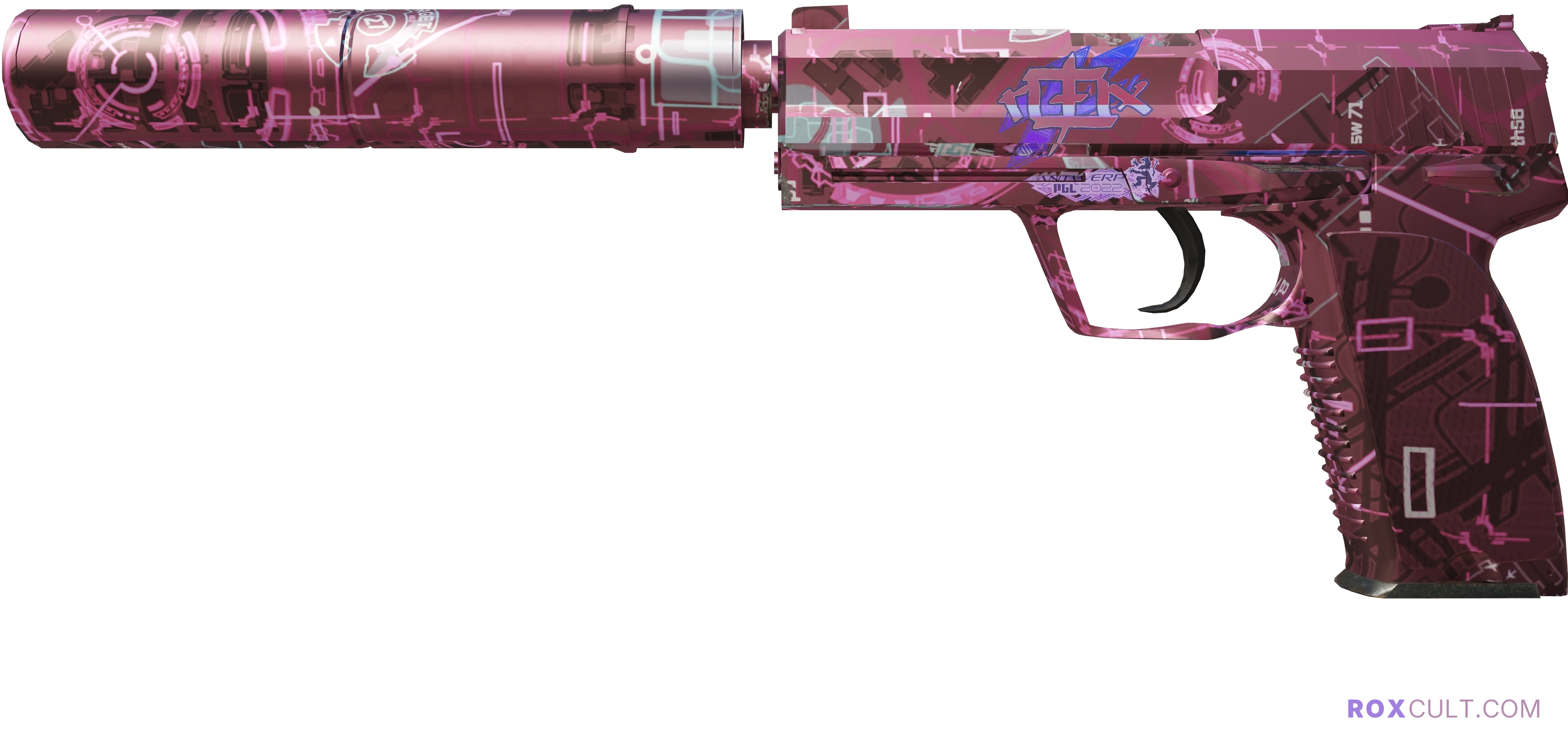 USP-S | Target Acquired (Factory New) — rox (Holo) Antwerp 2022 craft, playside view with 1 rox (Holo) sticker