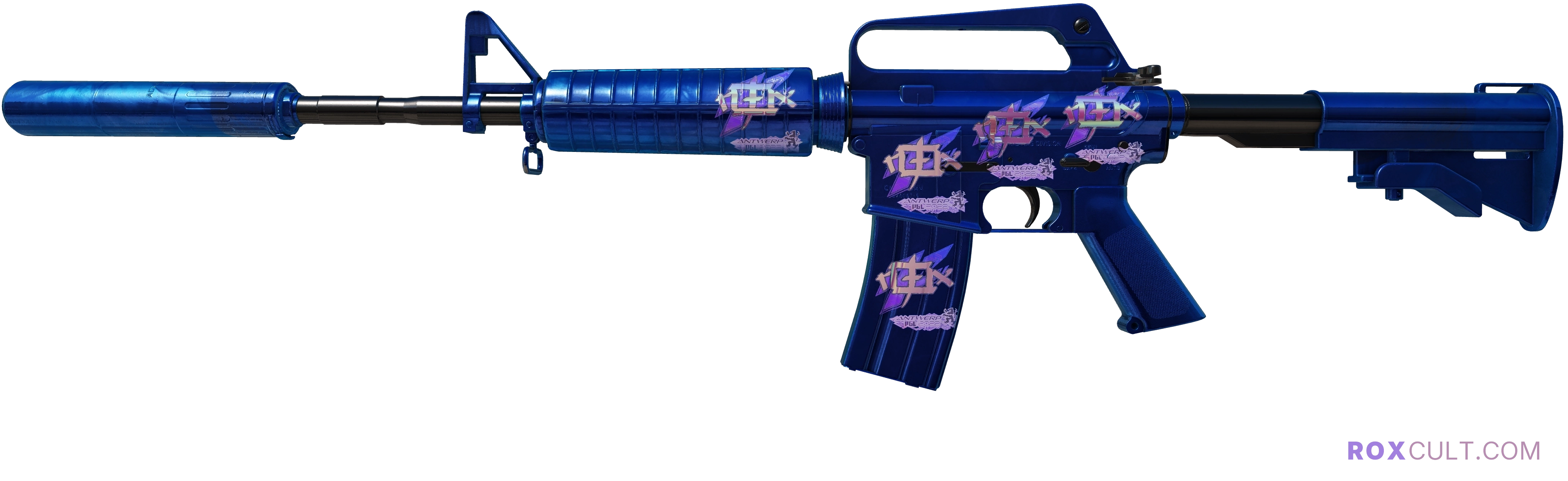 M4A1-S | Blue Phosphor (Factory New) — rox (Holo) Antwerp 2022 craft, playside view with 5 rox (Holo) stickers