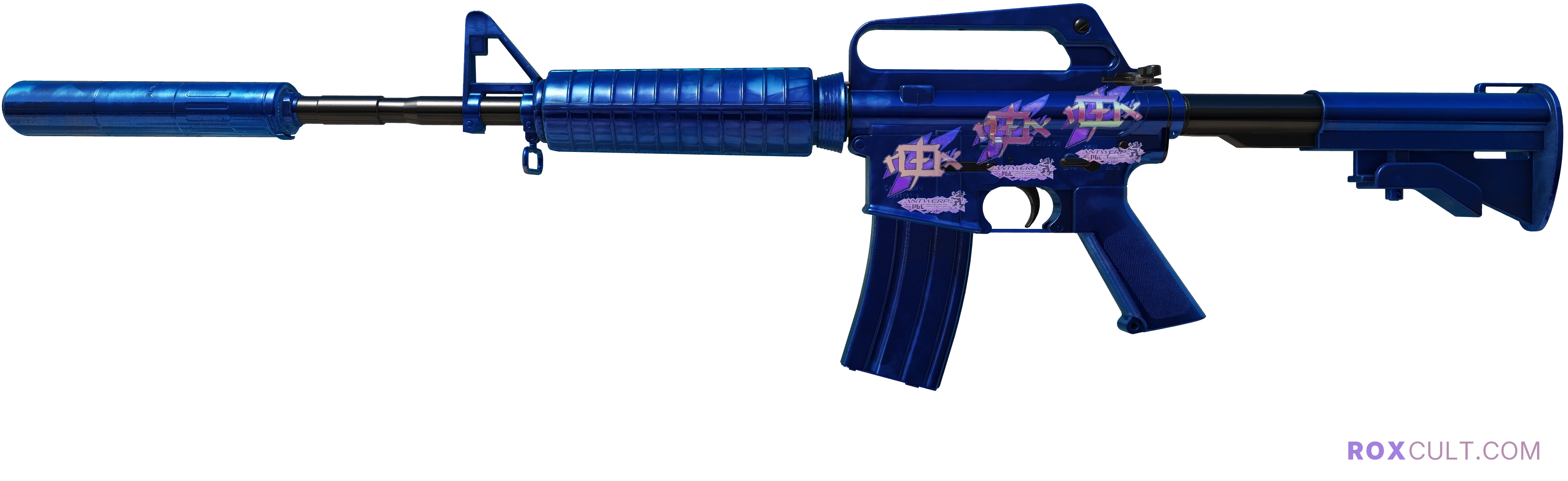 M4A1-S | Blue Phosphor (Factory New) — rox (Holo) Antwerp 2022 craft, playside view with 3 rox (Holo) stickers