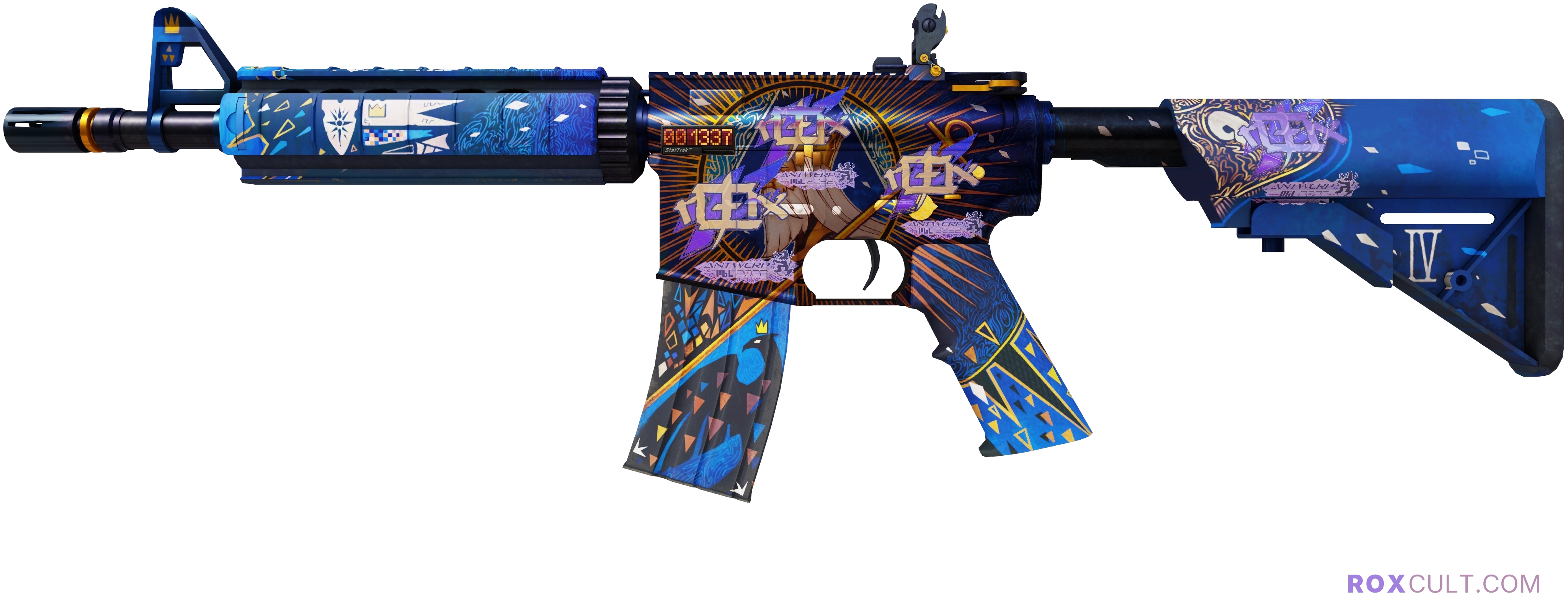 StatTrak™ M4A4 | The Emperor (Factory New) — rox (Holo) Antwerp 2022 craft, playside view with 4 rox (Holo) stickers