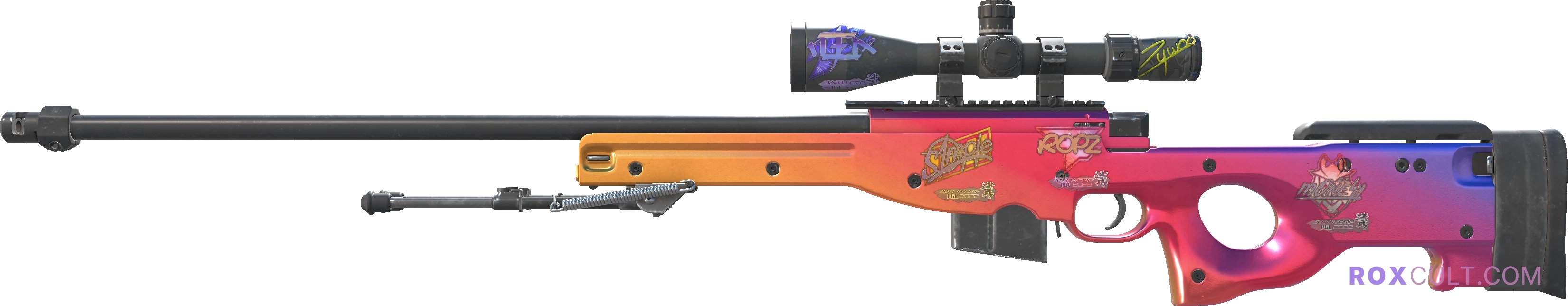 AWP | Fade (Factory New) — rox (Holo) Antwerp 2022 craft, playside view with 1 rox (Holo) sticker