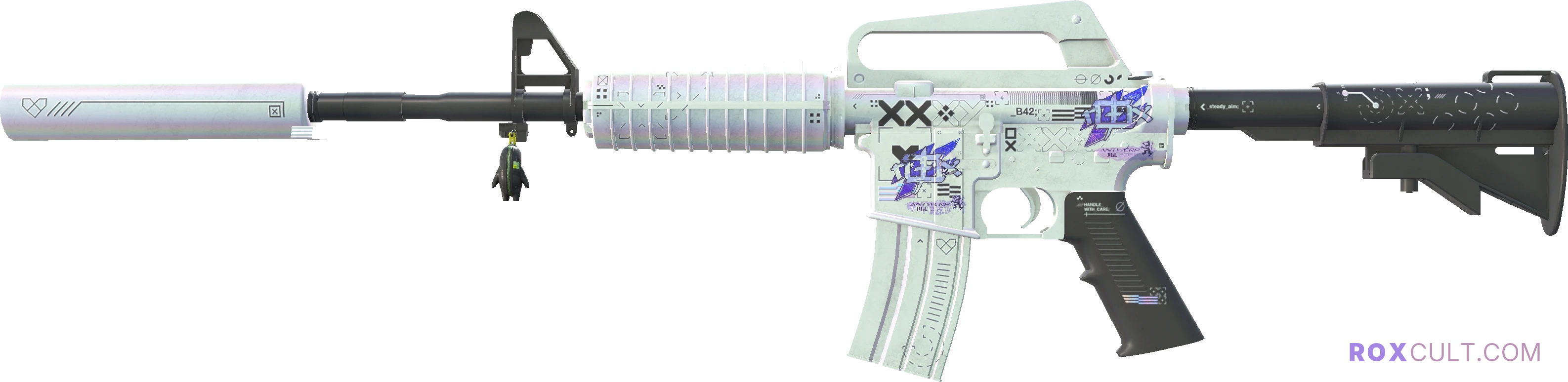 M4A1-S | Printstream (Minimal Wear) — rox (Holo) Antwerp 2022 craft, playside view with 2 rox (Holo) stickers
