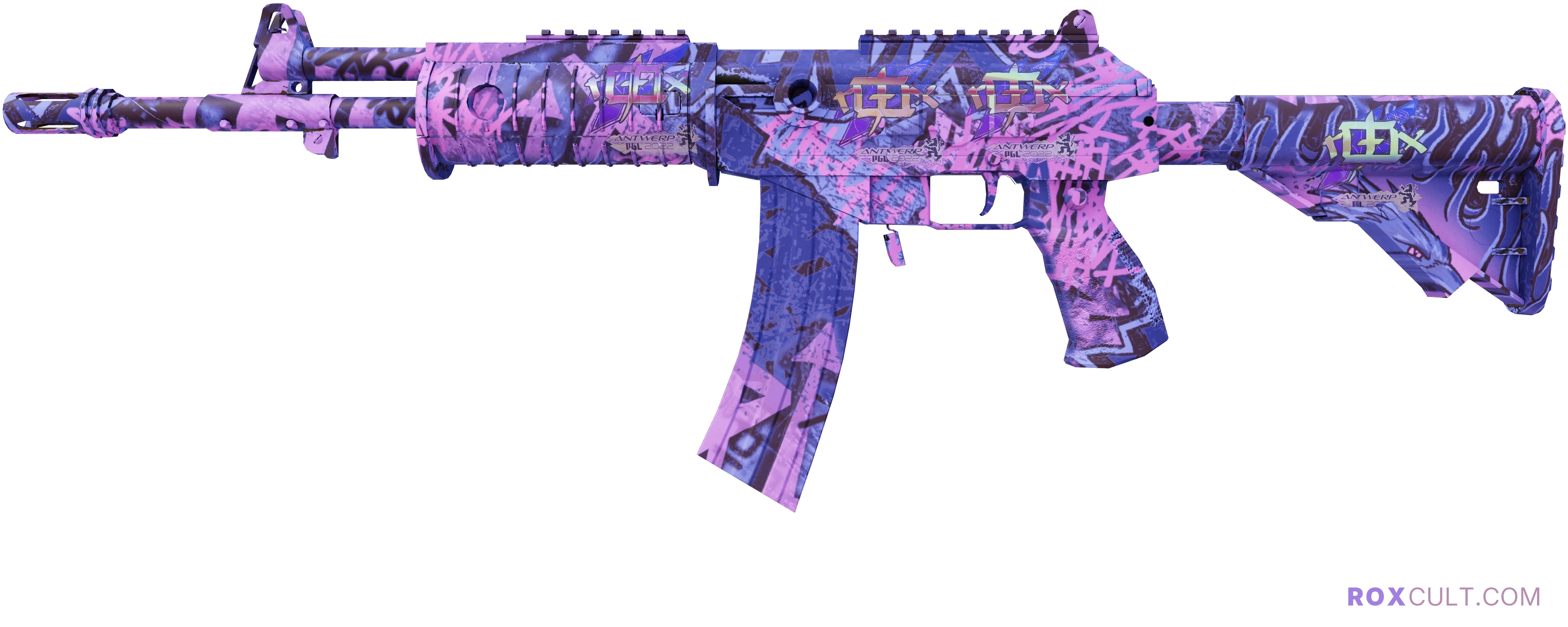 Galil AR | Phoenix Blacklight (Factory New) — rox (Holo) Antwerp 2022 craft, playside view with 4 rox (Holo) stickers