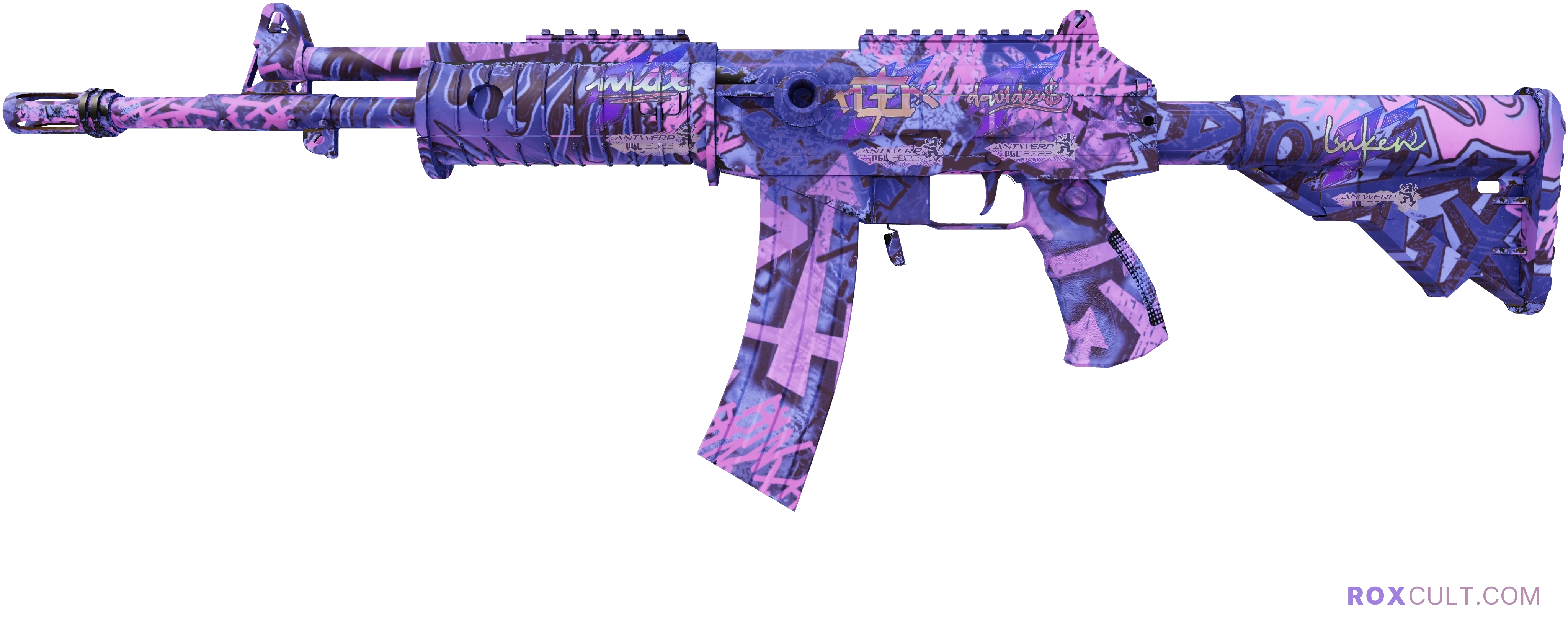 Galil AR | Phoenix Blacklight (Factory New) — rox (Holo) Antwerp 2022 craft, playside view with 1 rox (Holo) sticker