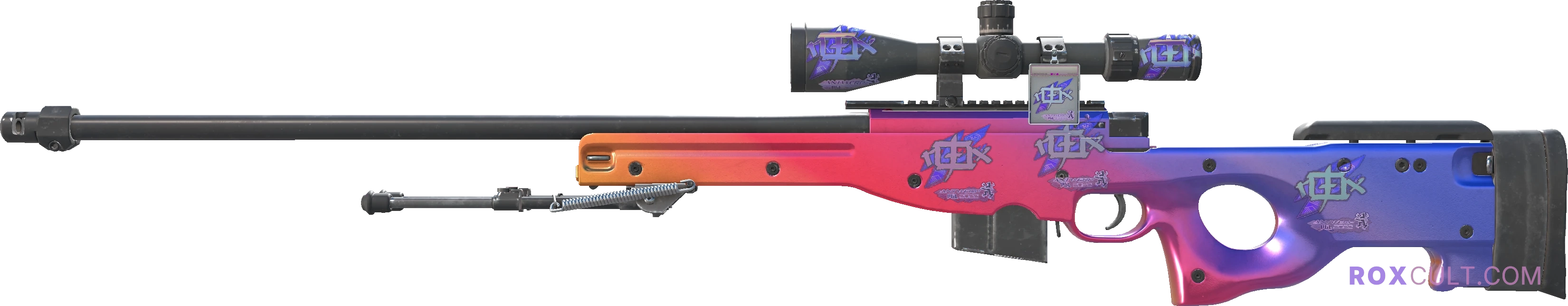 AWP | Fade (Factory New) — rox (Holo) Antwerp 2022 craft, playside view with 5 rox (Holo) stickers