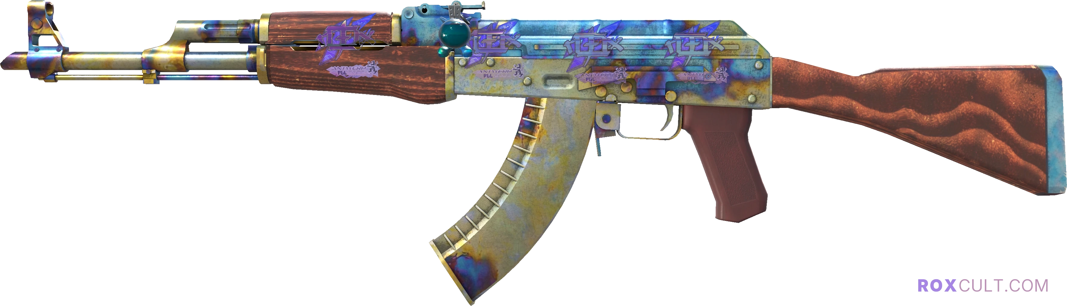 AK-47 | Case Hardened (Field-Tested) — rox (Holo) Antwerp 2022 craft, playside view with 4 rox (Holo) stickers